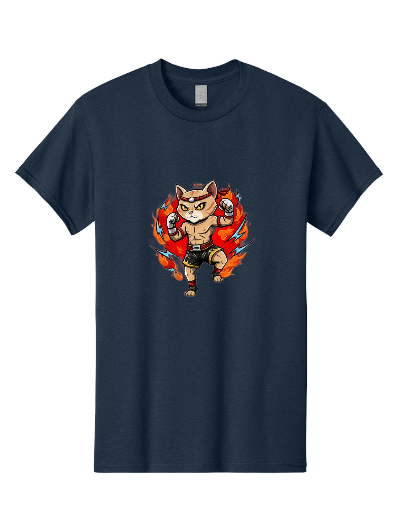 Kung-Fu-Cat Men'S Graphic Tee, 100% Cotton, Comfortable Casual Summer Wear, Machine Washable, Cartoon Cat, Fighting Stance, Martial Arts, Ninja Kitty, Red Flames, Orange Kitten, Yellow Eyes, Boxing Gloves Bae482 9