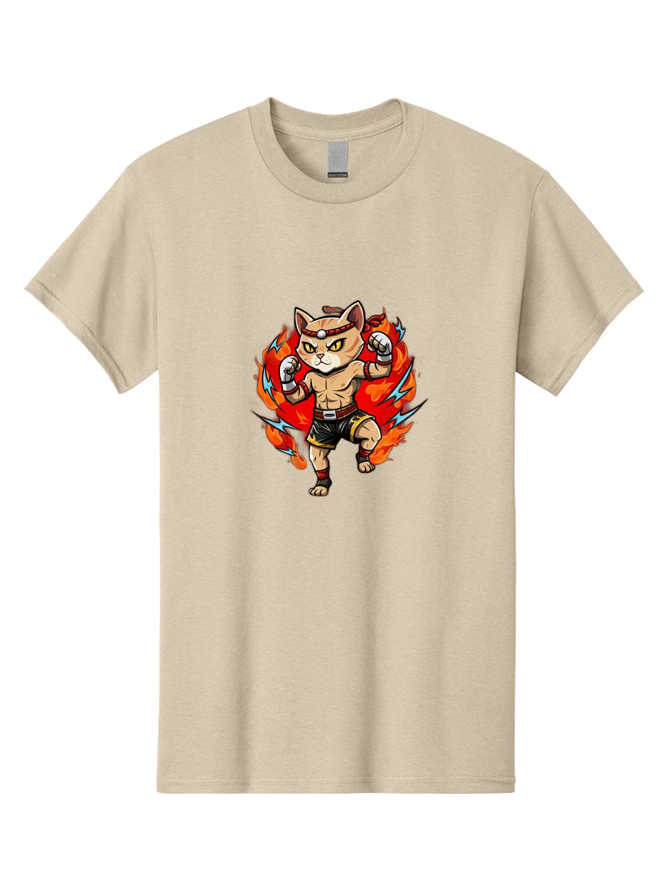 Kung-Fu-Cat Men'S Graphic Tee, 100% Cotton, Comfortable Casual Summer Wear, Machine Washable, Cartoon Cat, Fighting Stance, Martial Arts, Ninja Kitty, Red Flames, Orange Kitten, Yellow Eyes, Boxing Gloves Bae482 8