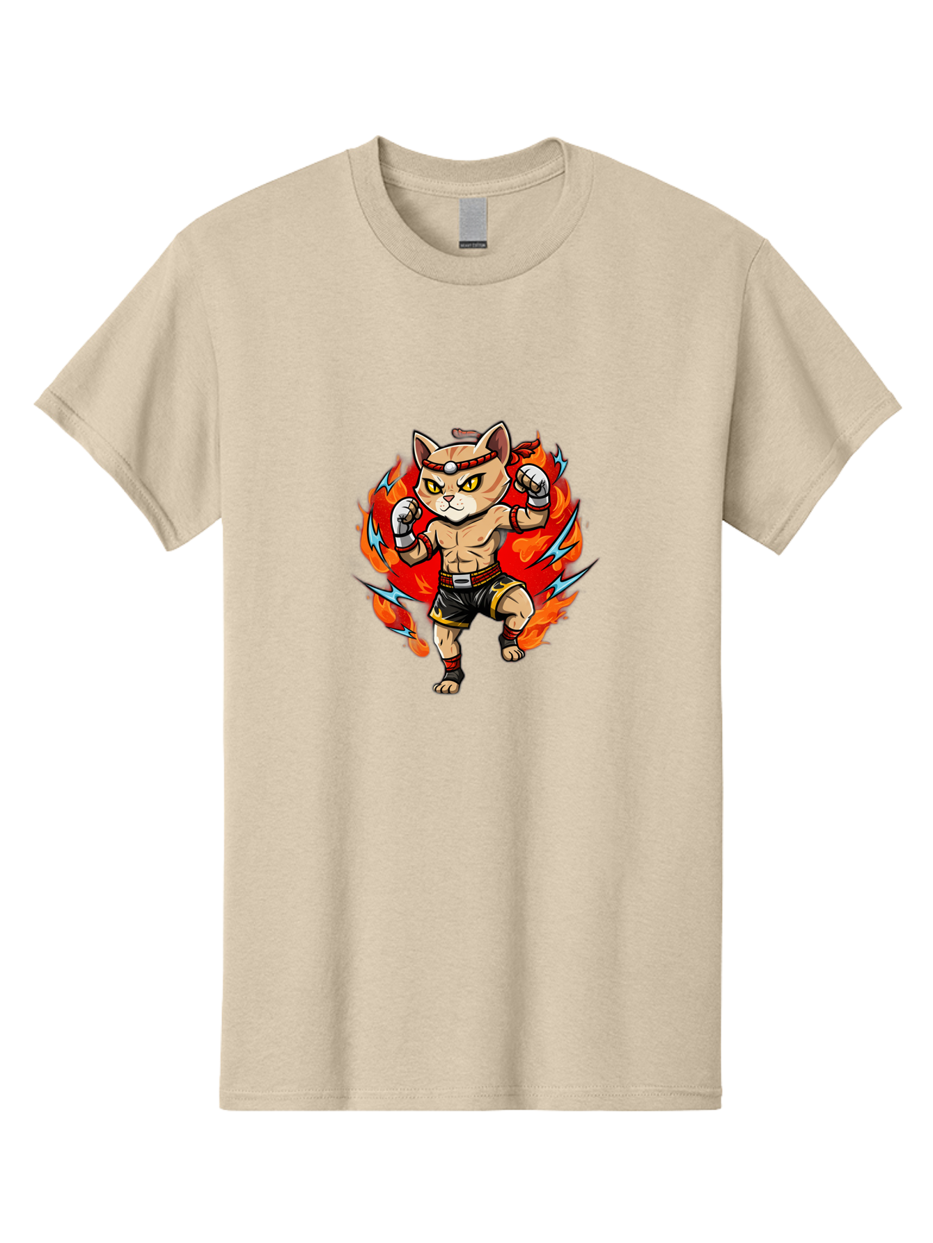 Kung-Fu-Cat Men'S Graphic Tee, 100% Cotton, Comfortable Casual Summer Wear, Machine Washable, Cartoon Cat, Fighting Stance, Martial Arts, Ninja Kitty, Red Flames, Orange Kitten, Yellow Eyes, Boxing Gloves Bae482 6