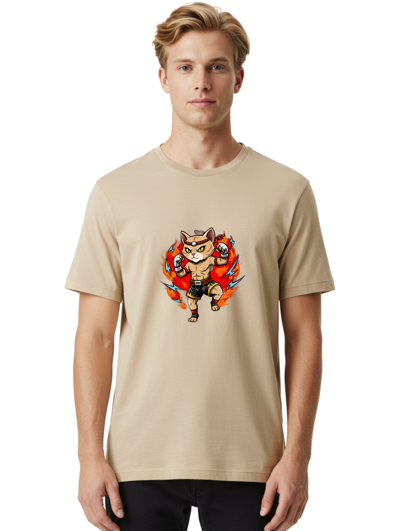 Kung-Fu-Cat Men'S Graphic Tee, 100% Cotton, Comfortable Casual Summer Wear, Machine Washable, Cartoon Cat, Fighting Stance, Martial Arts, Ninja Kitty, Red Flames, Orange Kitten, Yellow Eyes, Boxing Gloves Bae482 21