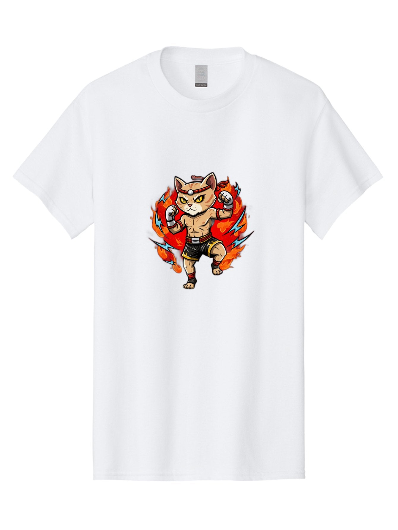 Kung-Fu-Cat Men'S Graphic Tee, 100% Cotton, Comfortable Casual Summer Wear, Machine Washable, Cartoon Cat, Fighting Stance, Martial Arts, Ninja Kitty, Red Flames, Orange Kitten, Yellow Eyes, Boxing Gloves Bae482 7