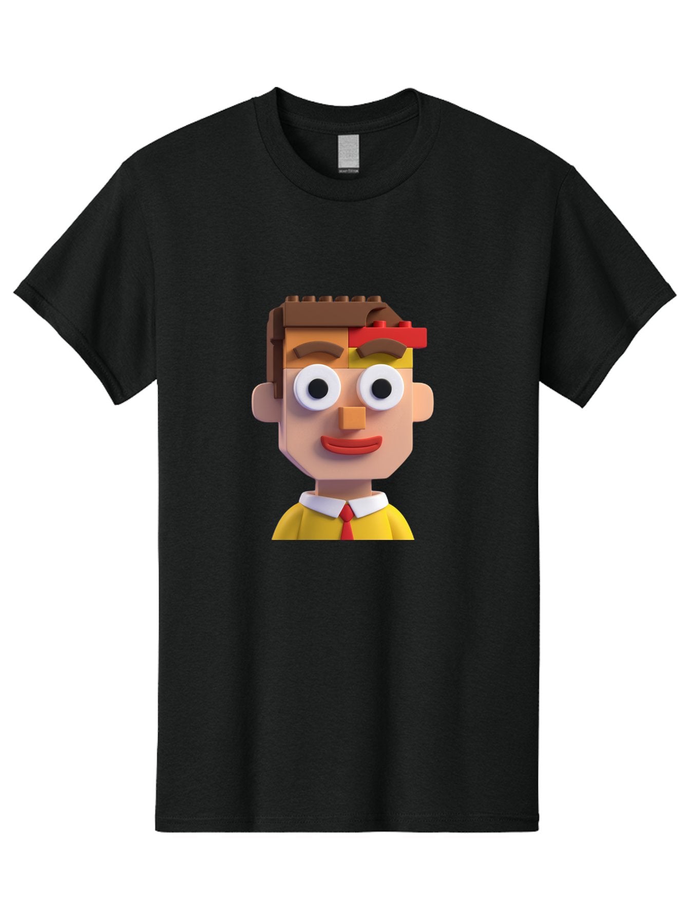 Lego-Man Men'S Graphic Tee, 100% Cotton, Comfortable Casual Summer Wear, Machine Washable, Cartoon Character, Lego Bricks, 3D Model, Funny Face, Large Eyes, Red Tie, Yellow Shirt, White Collar, Playful Design, Digital Art, Character Design Bae483 13