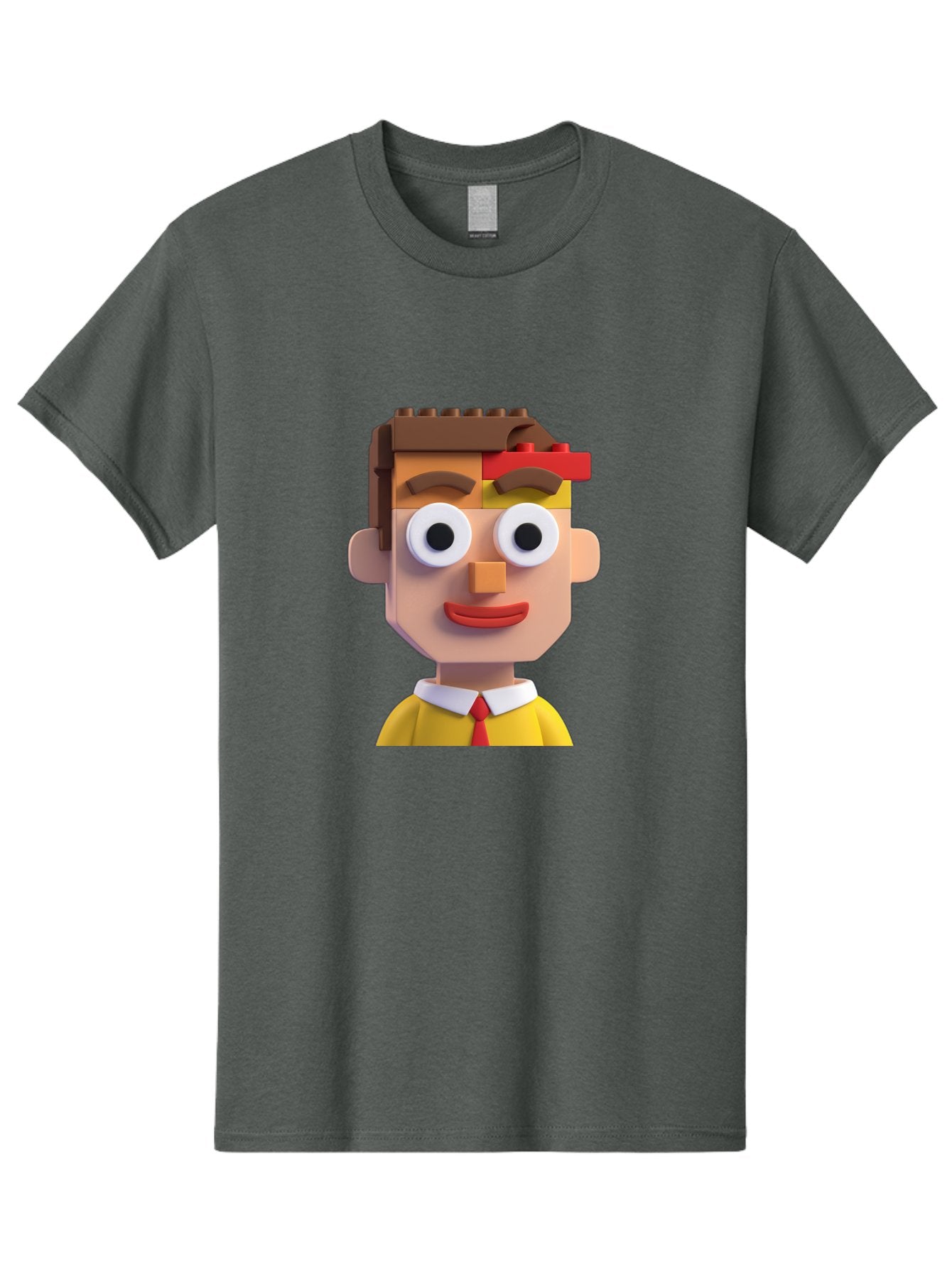 Lego-Man Men'S Graphic Tee, 100% Cotton, Comfortable Casual Summer Wear, Machine Washable, Cartoon Character, Lego Bricks, 3D Model, Funny Face, Large Eyes, Red Tie, Yellow Shirt, White Collar, Playful Design, Digital Art, Character Design Bae483 8