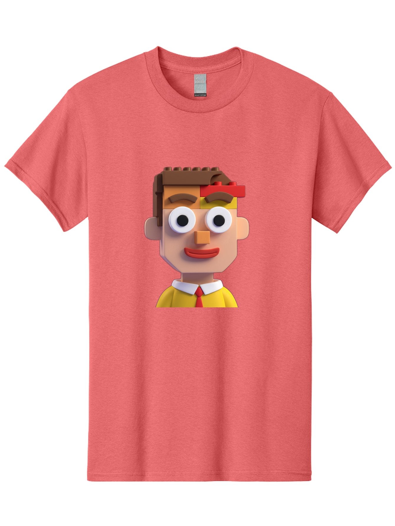 Lego-Man Men'S Graphic Tee, 100% Cotton, Comfortable Casual Summer Wear, Machine Washable, Cartoon Character, Lego Bricks, 3D Model, Funny Face, Large Eyes, Red Tie, Yellow Shirt, White Collar, Playful Design, Digital Art, Character Design Bae483 14