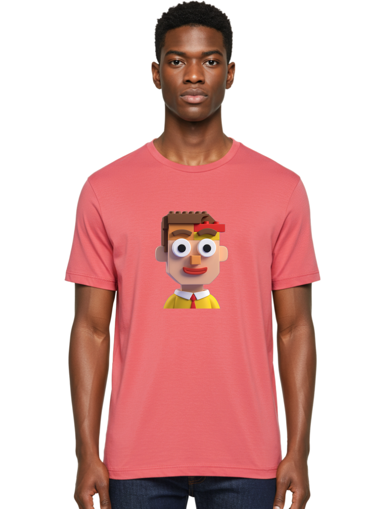 Lego-Man Men'S Graphic Tee, 100% Cotton, Comfortable Casual Summer Wear, Machine Washable, Cartoon Character, Lego Bricks, 3D Model, Funny Face, Large Eyes, Red Tie, Yellow Shirt, White Collar, Playful Design, Digital Art, Character Design Bae483 17