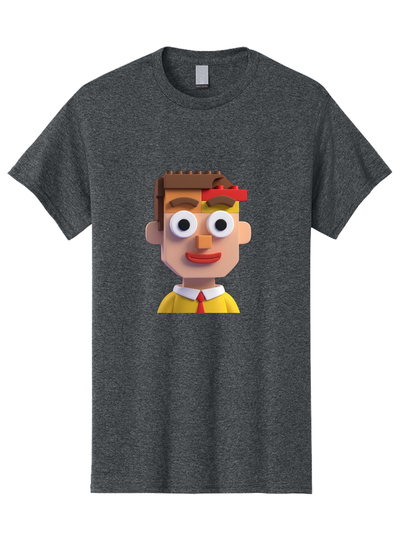Lego-Man Men'S Graphic Tee, 100% Cotton, Comfortable Casual Summer Wear, Machine Washable, Cartoon Character, Lego Bricks, 3D Model, Funny Face, Large Eyes, Red Tie, Yellow Shirt, White Collar, Playful Design, Digital Art, Character Design Bae483