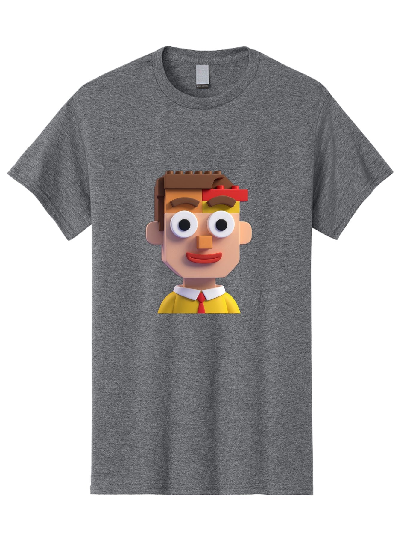 Lego-Man Men'S Graphic Tee, 100% Cotton, Comfortable Casual Summer Wear, Machine Washable, Cartoon Character, Lego Bricks, 3D Model, Funny Face, Large Eyes, Red Tie, Yellow Shirt, White Collar, Playful Design, Digital Art, Character Design Bae483 12
