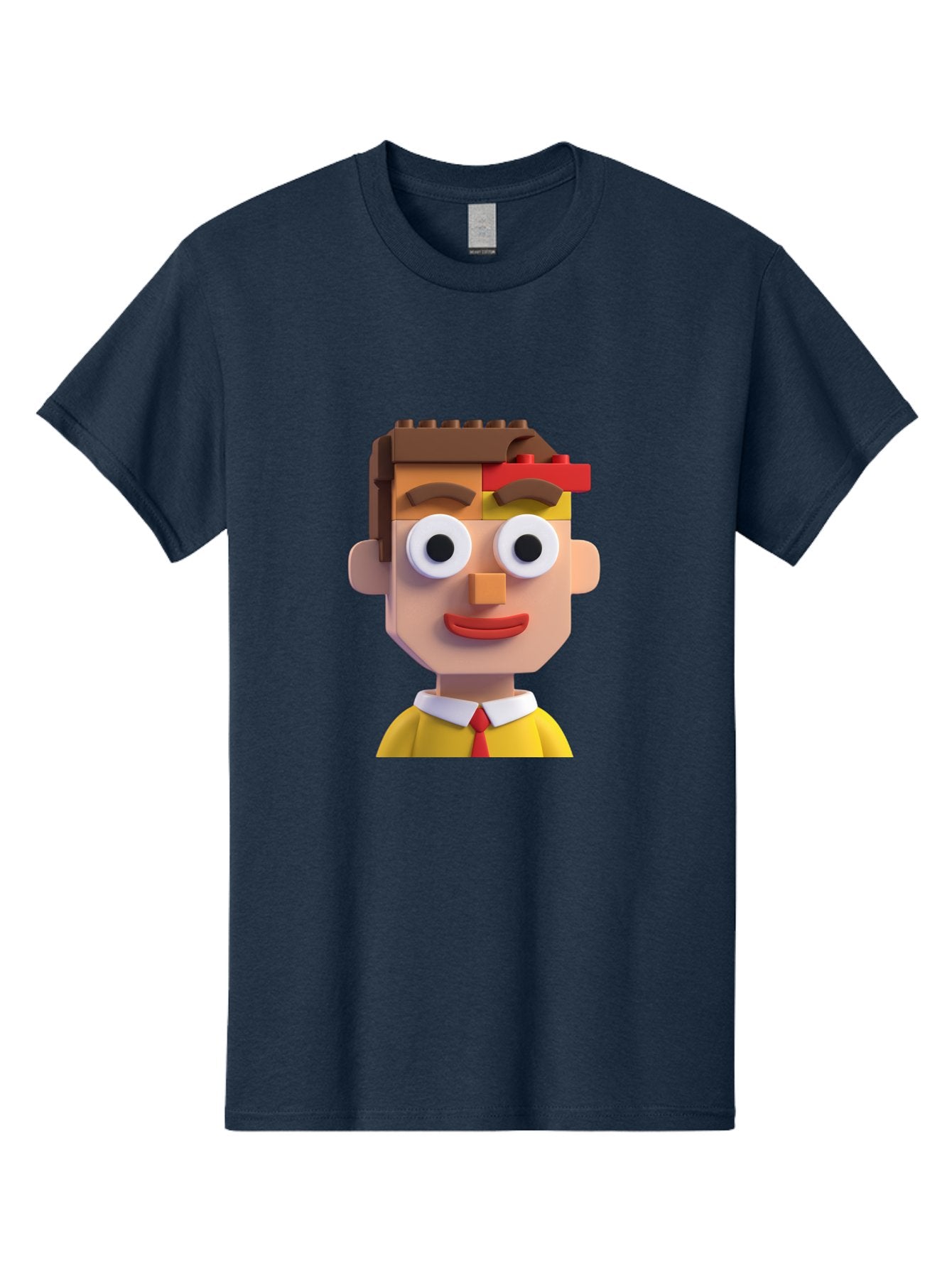 Lego-Man Men'S Graphic Tee, 100% Cotton, Comfortable Casual Summer Wear, Machine Washable, Cartoon Character, Lego Bricks, 3D Model, Funny Face, Large Eyes, Red Tie, Yellow Shirt, White Collar, Playful Design, Digital Art, Character Design Bae483 4
