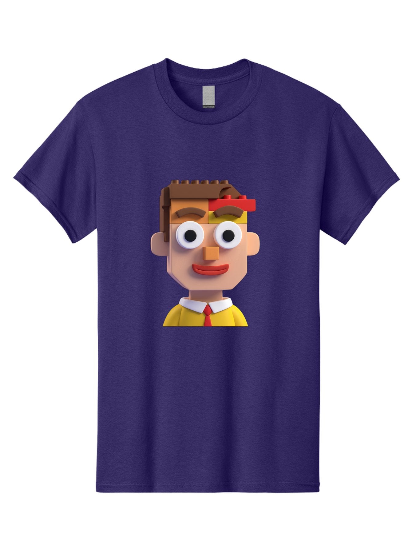 Lego-Man Men'S Graphic Tee, 100% Cotton, Comfortable Casual Summer Wear, Machine Washable, Cartoon Character, Lego Bricks, 3D Model, Funny Face, Large Eyes, Red Tie, Yellow Shirt, White Collar, Playful Design, Digital Art, Character Design Bae483 3
