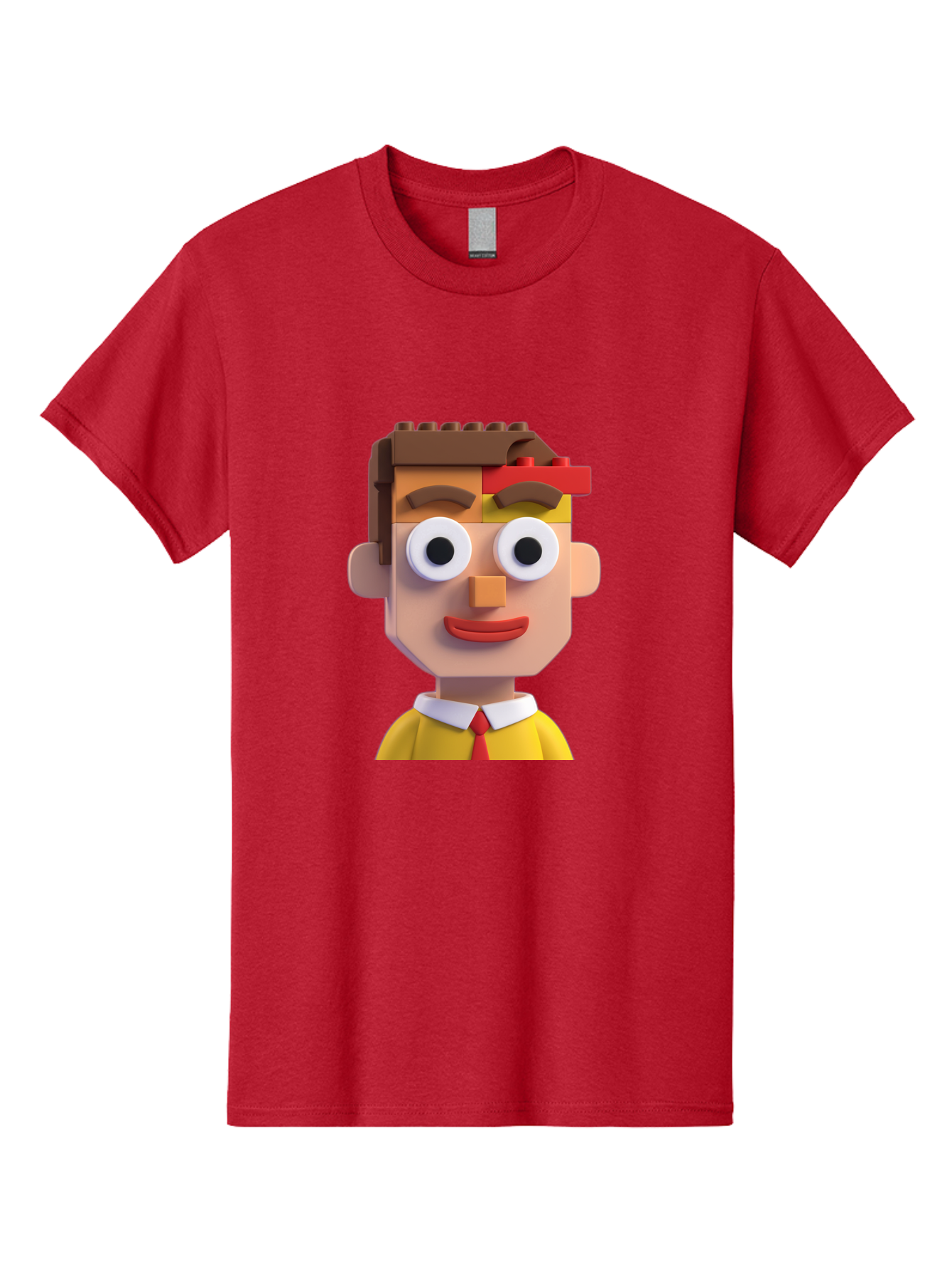 Lego-Man Men'S Graphic Tee, 100% Cotton, Comfortable Casual Summer Wear, Machine Washable, Cartoon Character, Lego Bricks, 3D Model, Funny Face, Large Eyes, Red Tie, Yellow Shirt, White Collar, Playful Design, Digital Art, Character Design Bae483