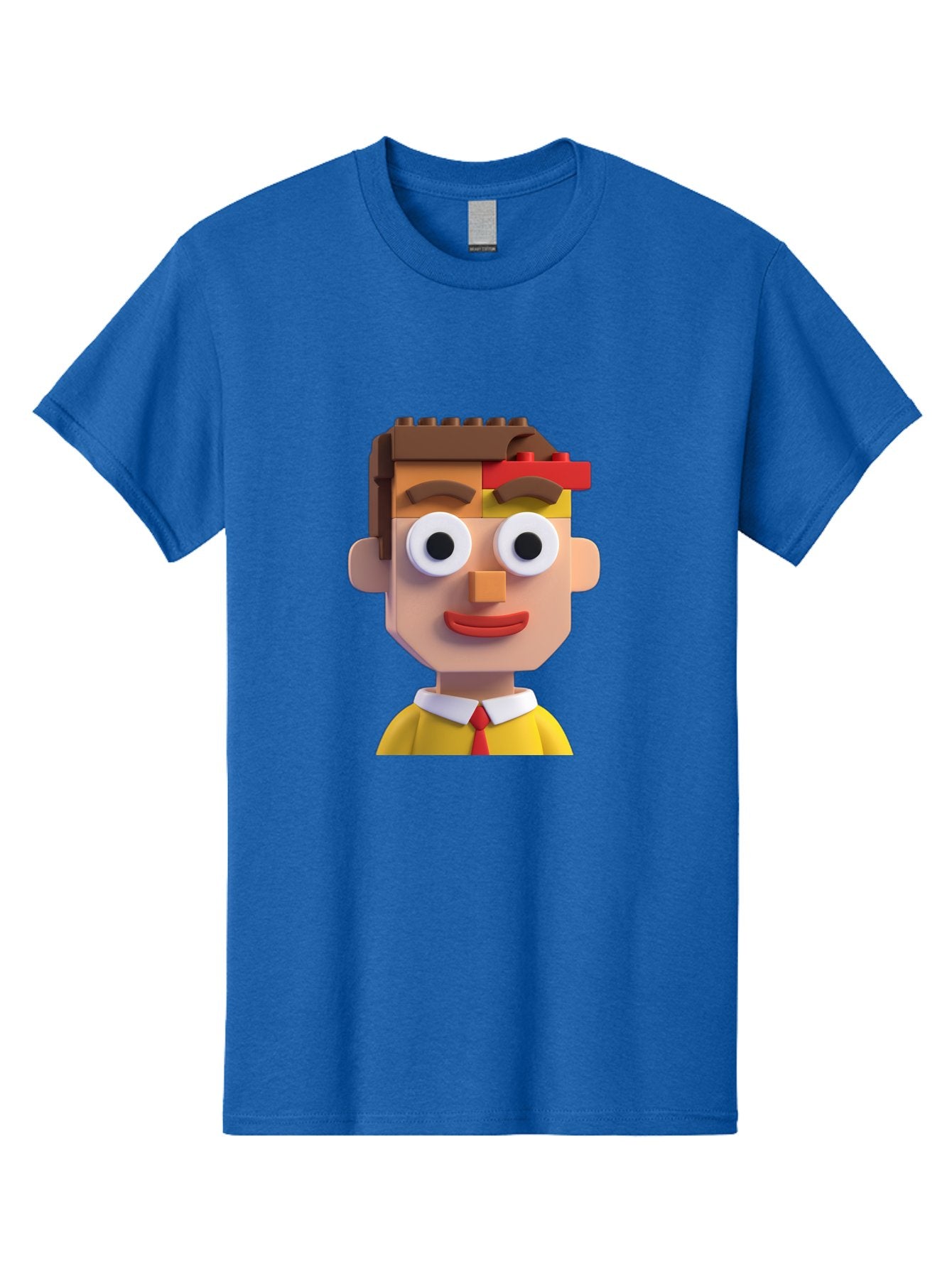 Lego-Man Men'S Graphic Tee, 100% Cotton, Comfortable Casual Summer Wear, Machine Washable, Cartoon Character, Lego Bricks, 3D Model, Funny Face, Large Eyes, Red Tie, Yellow Shirt, White Collar, Playful Design, Digital Art, Character Design Bae483 9