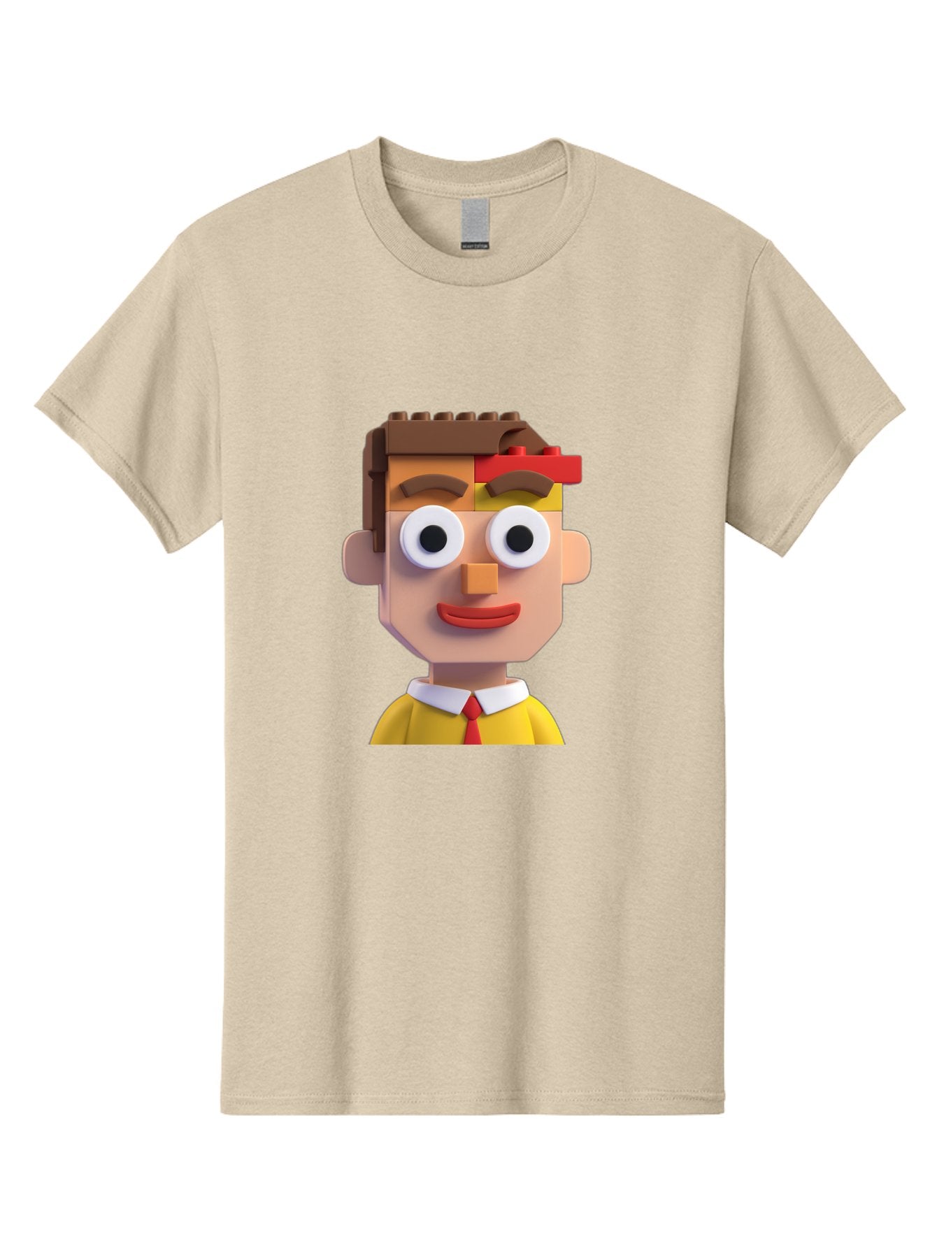 Lego-Man Men'S Graphic Tee, 100% Cotton, Comfortable Casual Summer Wear, Machine Washable, Cartoon Character, Lego Bricks, 3D Model, Funny Face, Large Eyes, Red Tie, Yellow Shirt, White Collar, Playful Design, Digital Art, Character Design Bae483 11