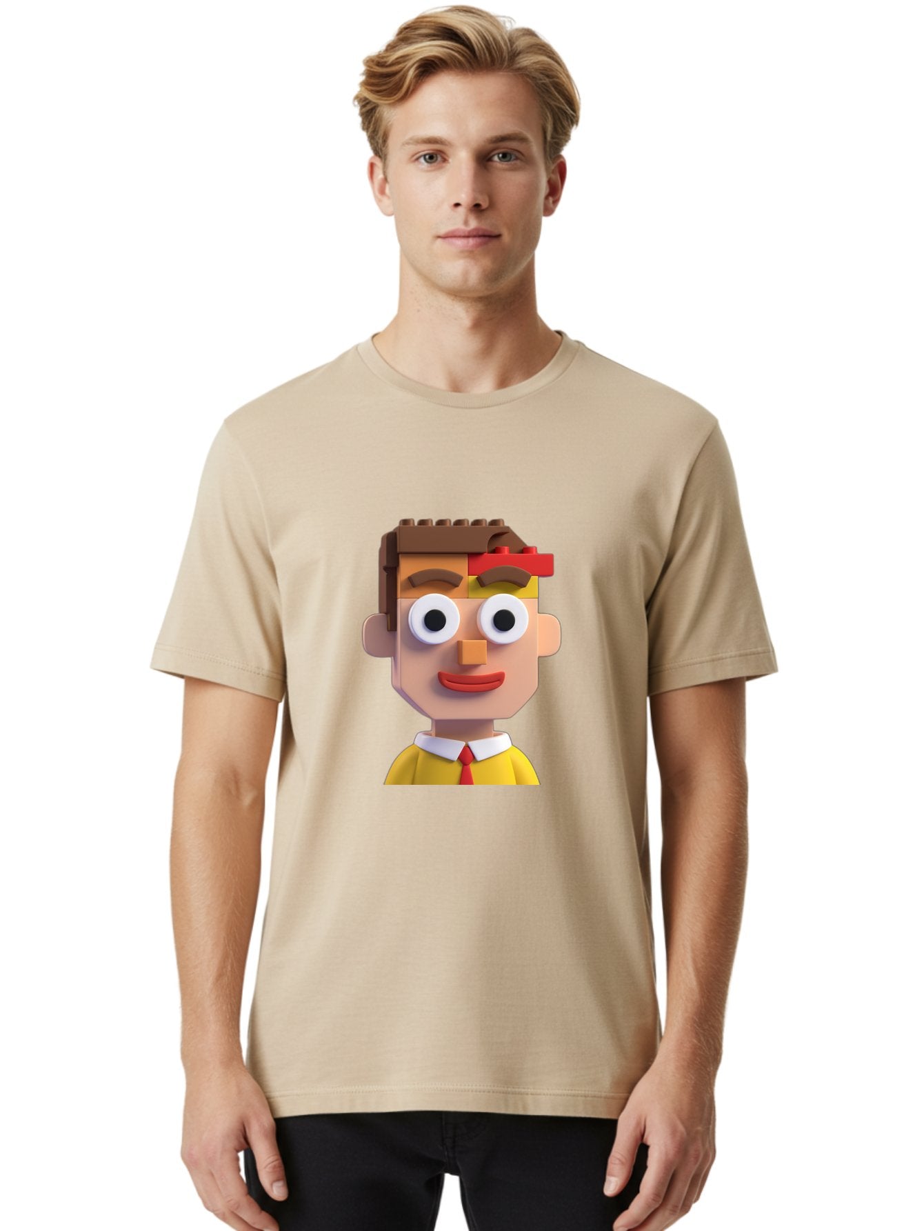 Lego-Man Men'S Graphic Tee, 100% Cotton, Comfortable Casual Summer Wear, Machine Washable, Cartoon Character, Lego Bricks, 3D Model, Funny Face, Large Eyes, Red Tie, Yellow Shirt, White Collar, Playful Design, Digital Art, Character Design Bae483 27