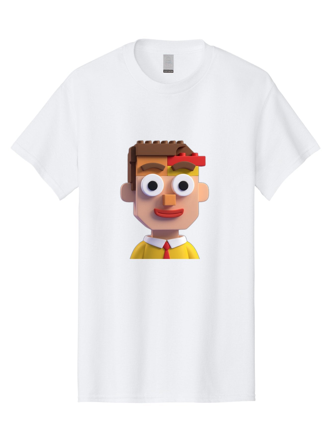 Lego-Man Men'S Graphic Tee, 100% Cotton, Comfortable Casual Summer Wear, Machine Washable, Cartoon Character, Lego Bricks, 3D Model, Funny Face, Large Eyes, Red Tie, Yellow Shirt, White Collar, Playful Design, Digital Art, Character Design Bae483 5
