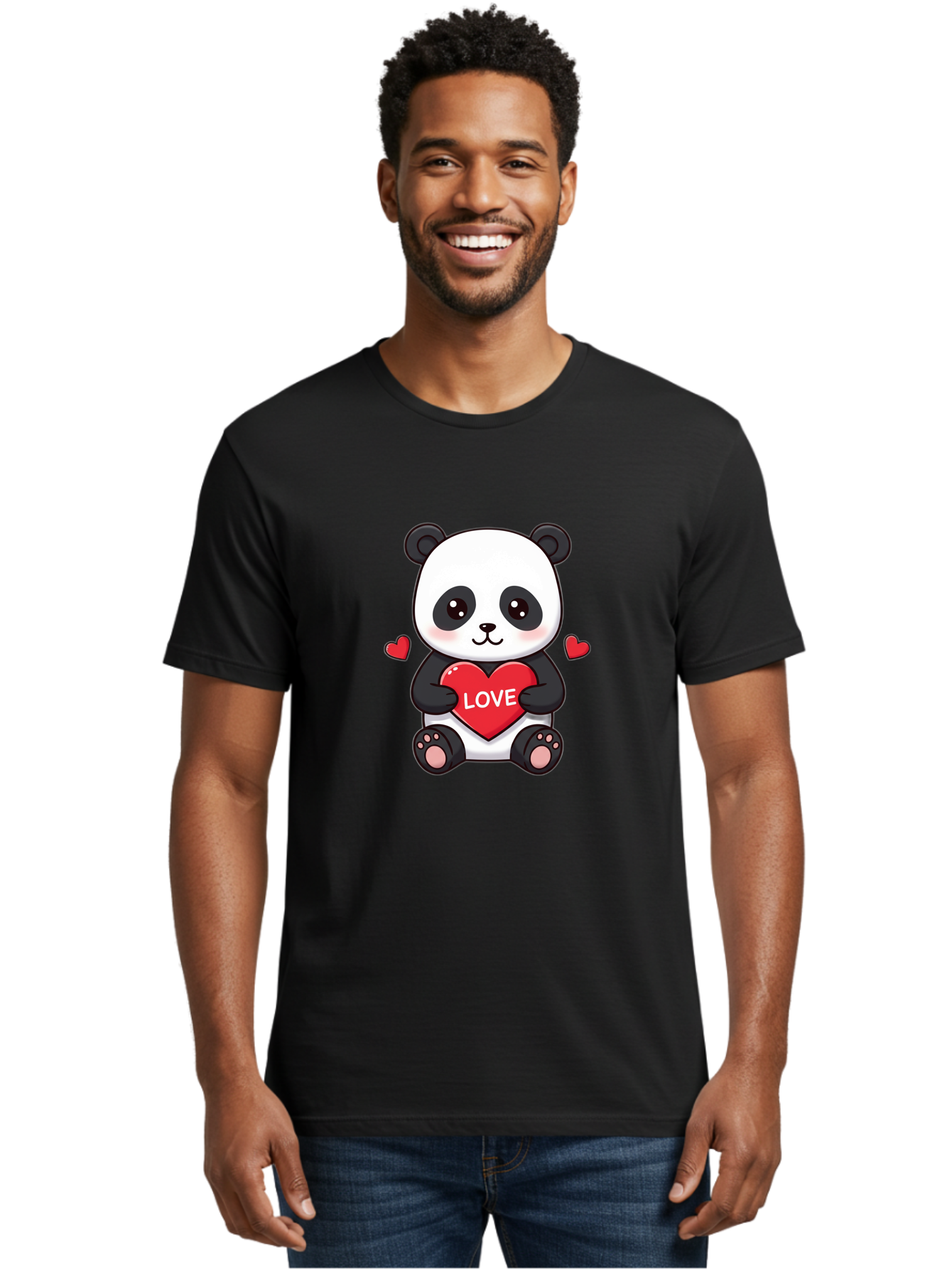 Love-Panda Men'S Graphic Tee, 100% Cotton, Comfortable Casual Summer Wear, Machine Washable, Cute Panda Bear, Love Heart, Red Heart With Love, Adorable Cartoon Character, Kawaii Illustration, Heartwarming Scene, Panda Love Bae486 24