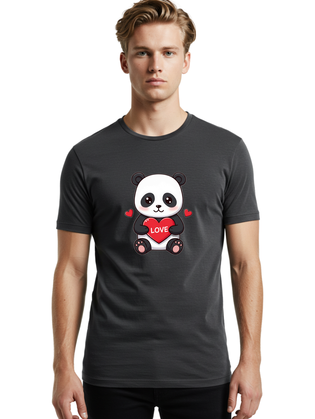Love-Panda Men'S Graphic Tee, 100% Cotton, Comfortable Casual Summer Wear, Machine Washable, Cute Panda Bear, Love Heart, Red Heart With Love, Adorable Cartoon Character, Kawaii Illustration, Heartwarming Scene, Panda Love Bae486 22