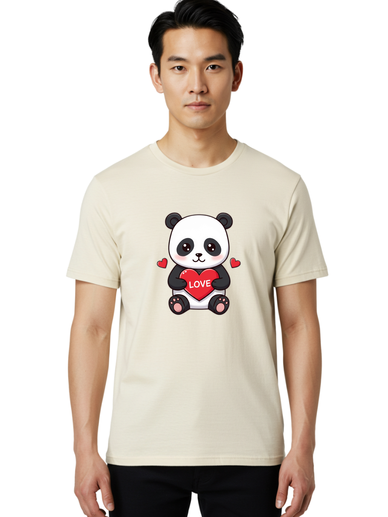 Love-Panda Men'S Graphic Tee, 100% Cotton, Comfortable Casual Summer Wear, Machine Washable, Cute Panda Bear, Love Heart, Red Heart With Love, Adorable Cartoon Character, Kawaii Illustration, Heartwarming Scene, Panda Love Bae486 19