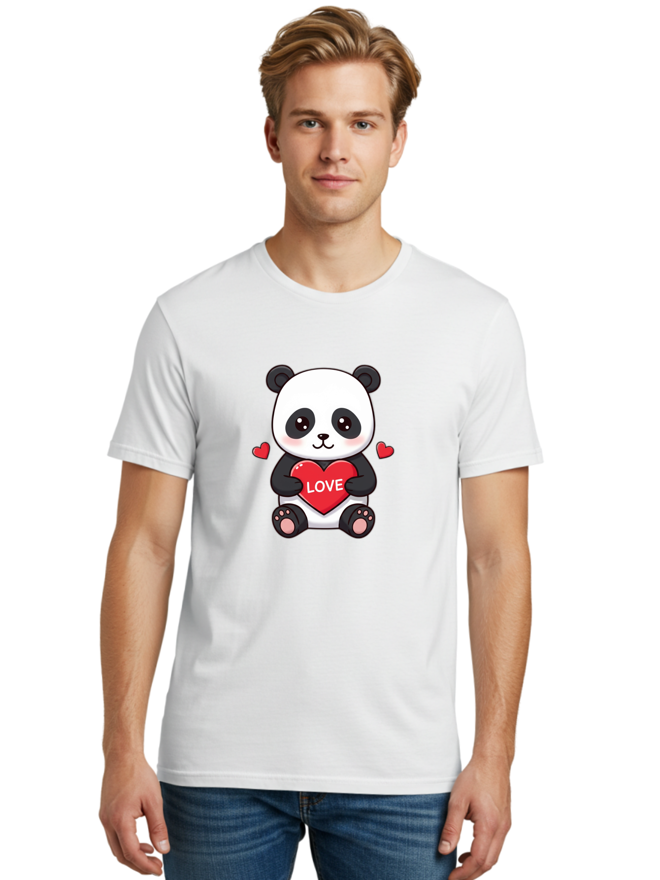 Love-Panda Men'S Graphic Tee, 100% Cotton, Comfortable Casual Summer Wear, Machine Washable, Cute Panda Bear, Love Heart, Red Heart With Love, Adorable Cartoon Character, Kawaii Illustration, Heartwarming Scene, Panda Love Bae486 26