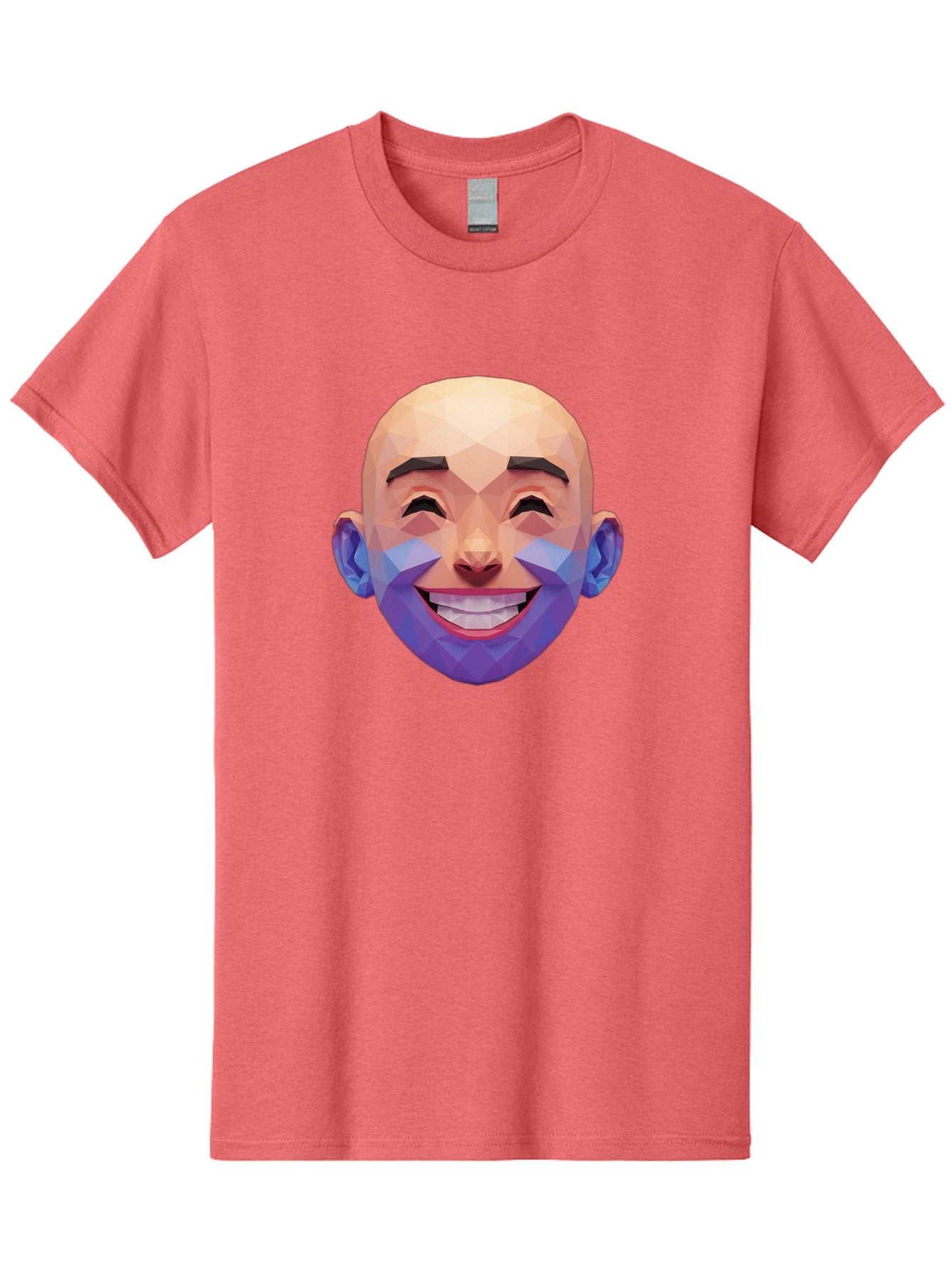 Low-Poly-Face Men'S Graphic Tee, 100% Cotton, Comfortable Casual Summer Wear, Machine Washable, Low Poly Art, 3D Model, Smiling Face, Bald Man, Purple Beard, Happy Expression, Geometric Shapes, Cartoon Style, Digital Art, Modern Design Bae487 9