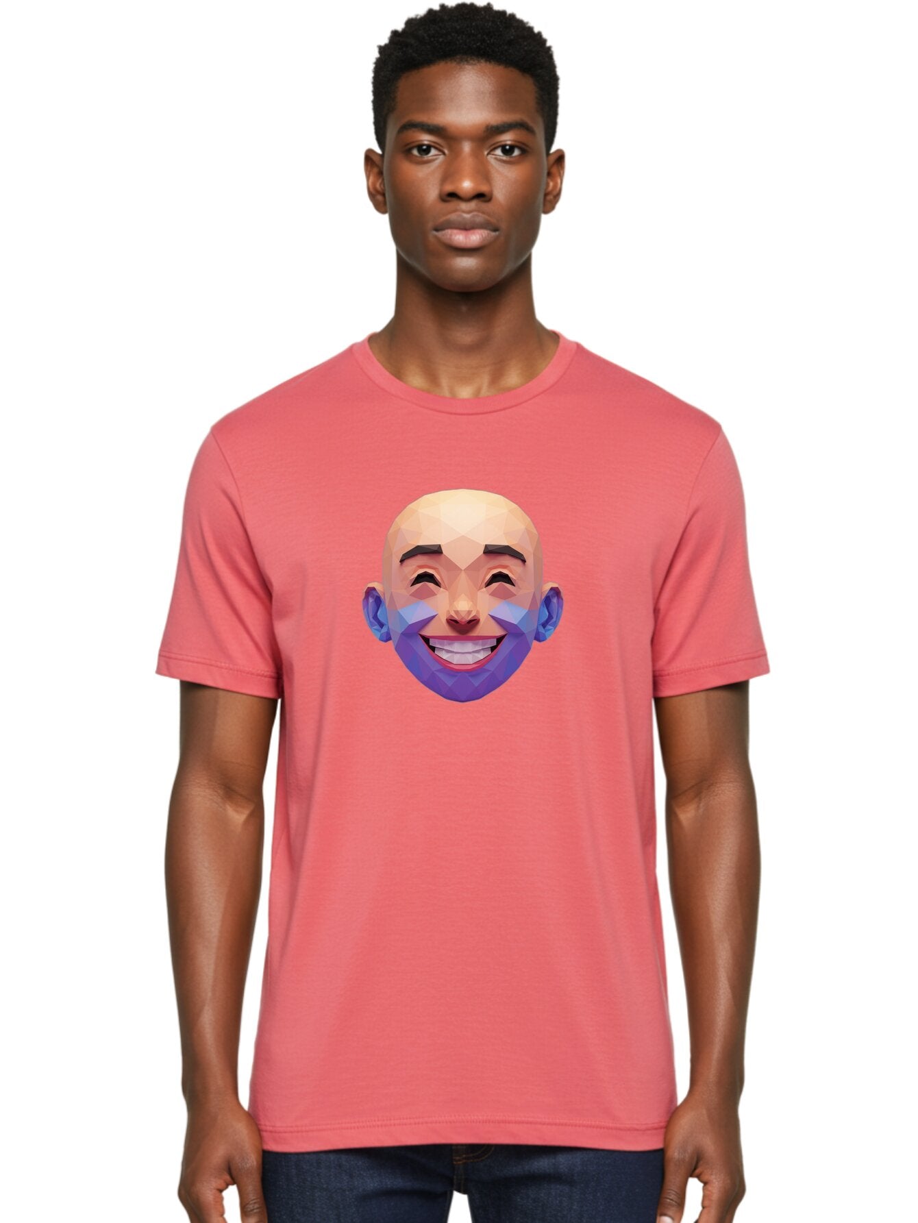 Low-Poly-Face Men'S Graphic Tee, 100% Cotton, Comfortable Casual Summer Wear, Machine Washable, Low Poly Art, 3D Model, Smiling Face, Bald Man, Purple Beard, Happy Expression, Geometric Shapes, Cartoon Style, Digital Art, Modern Design Bae487 26