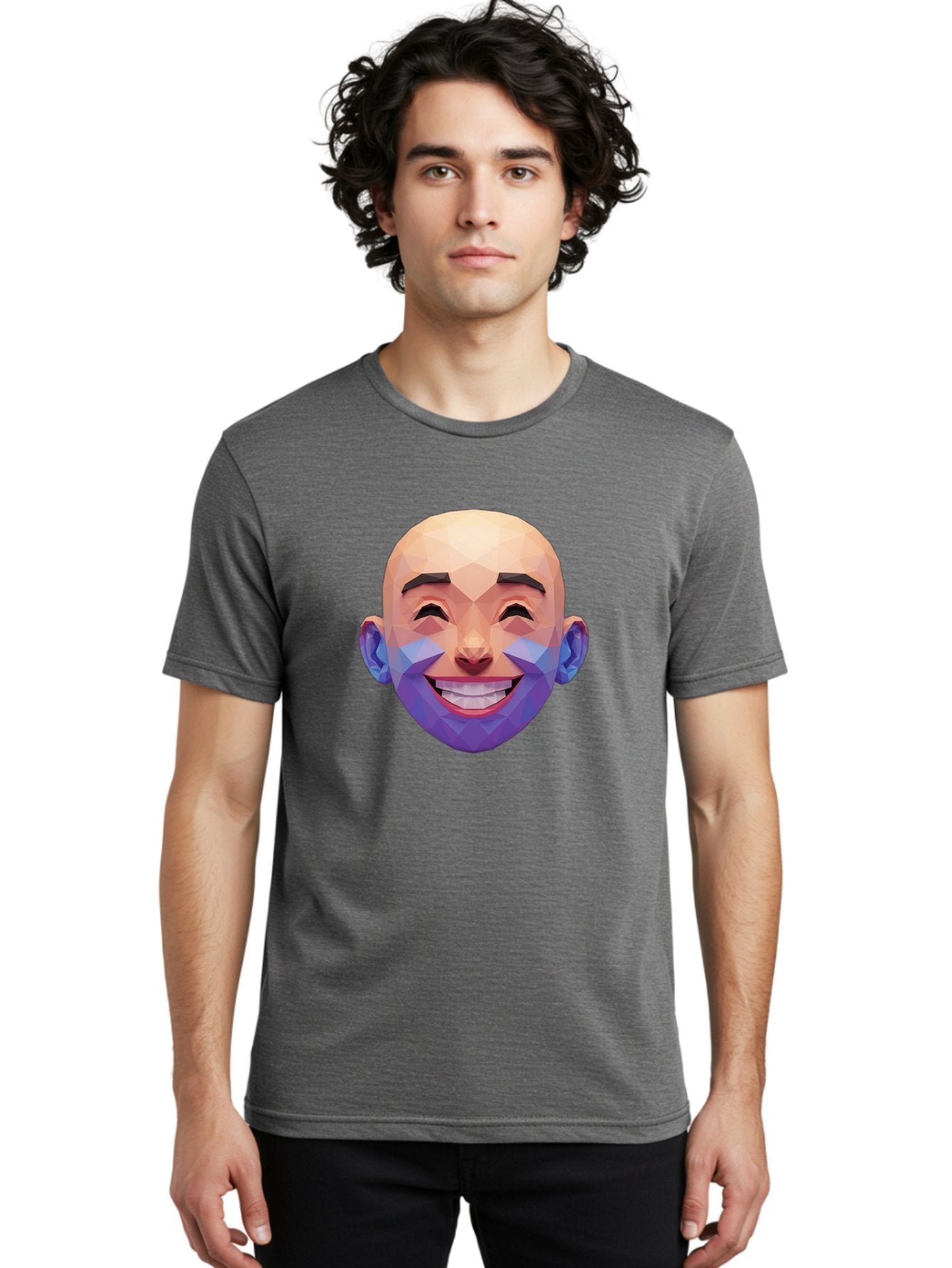 Low-Poly-Face Men'S Graphic Tee, 100% Cotton, Comfortable Casual Summer Wear, Machine Washable, Low Poly Art, 3D Model, Smiling Face, Bald Man, Purple Beard, Happy Expression, Geometric Shapes, Cartoon Style, Digital Art, Modern Design Bae487 24