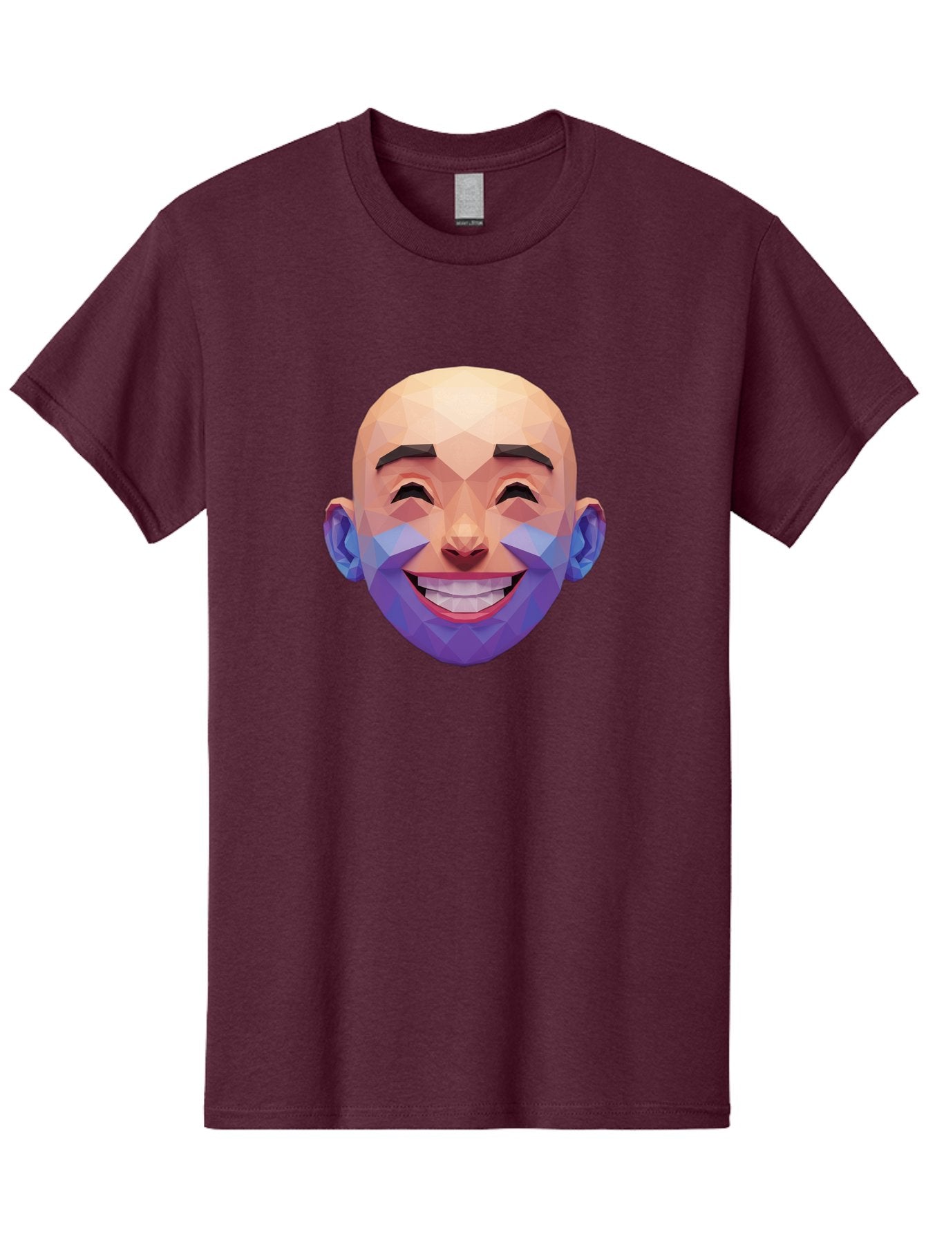 Low-Poly-Face Men'S Graphic Tee, 100% Cotton, Comfortable Casual Summer Wear, Machine Washable, Low Poly Art, 3D Model, Smiling Face, Bald Man, Purple Beard, Happy Expression, Geometric Shapes, Cartoon Style, Digital Art, Modern Design Bae487 3