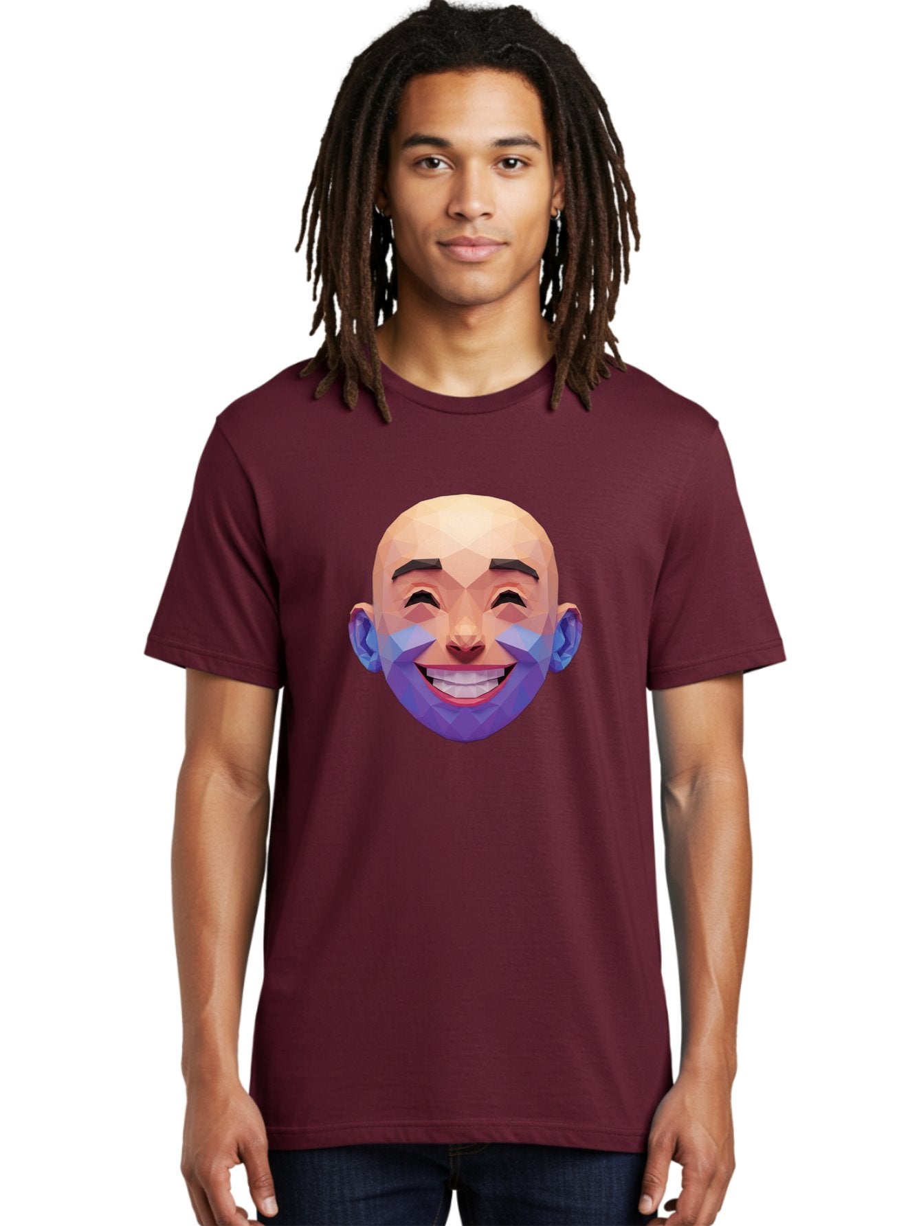 Low-Poly-Face Men'S Graphic Tee, 100% Cotton, Comfortable Casual Summer Wear, Machine Washable, Low Poly Art, 3D Model, Smiling Face, Bald Man, Purple Beard, Happy Expression, Geometric Shapes, Cartoon Style, Digital Art, Modern Design Bae487 22