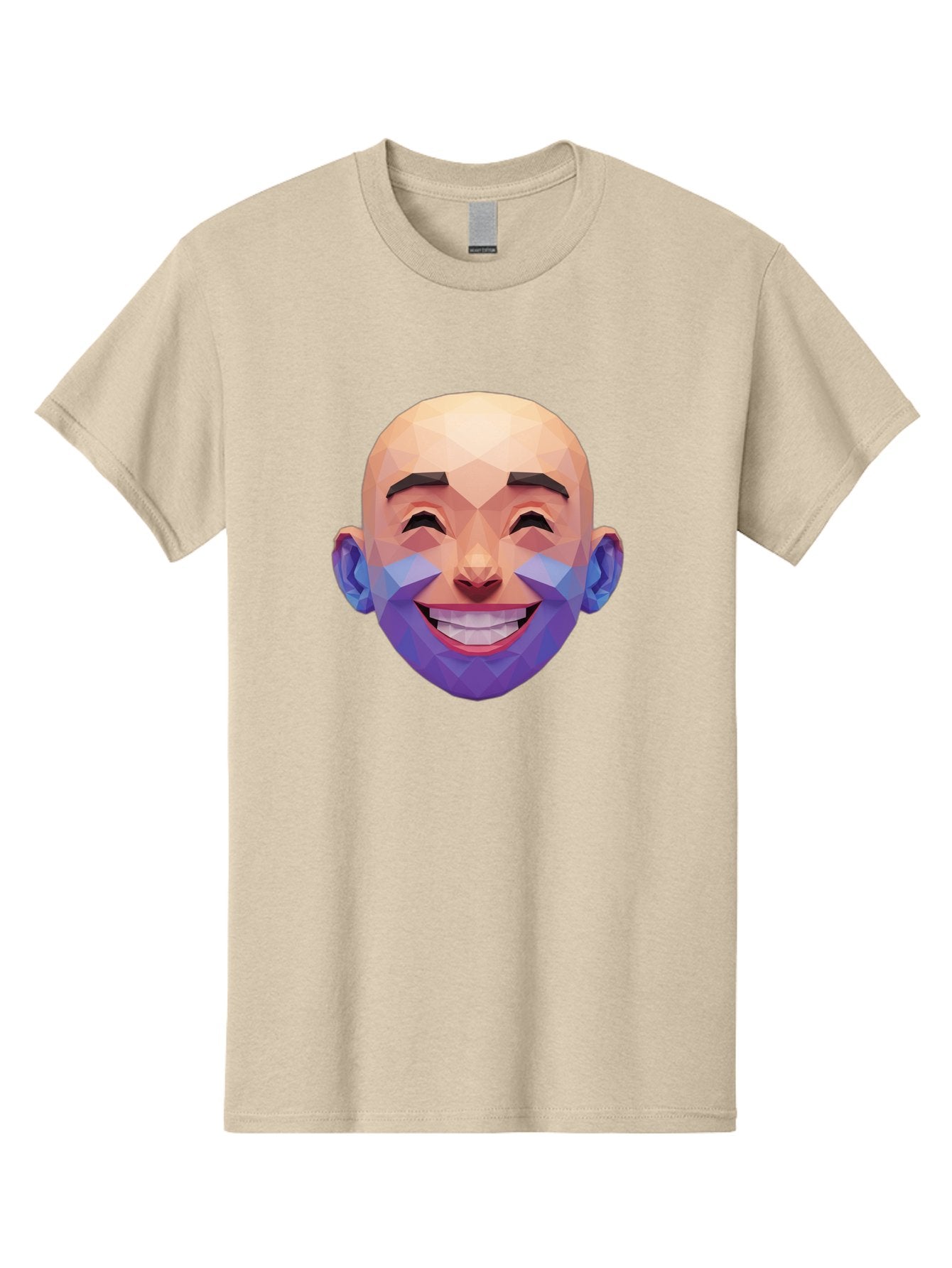 Low-Poly-Face Men'S Graphic Tee, 100% Cotton, Comfortable Casual Summer Wear, Machine Washable, Low Poly Art, 3D Model, Smiling Face, Bald Man, Purple Beard, Happy Expression, Geometric Shapes, Cartoon Style, Digital Art, Modern Design Bae487 15