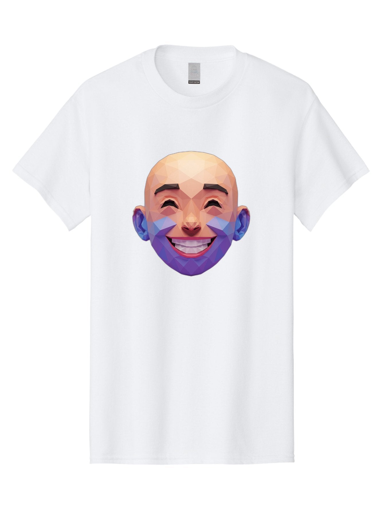 Low-Poly-Face Men'S Graphic Tee, 100% Cotton, Comfortable Casual Summer Wear, Machine Washable, Low Poly Art, 3D Model, Smiling Face, Bald Man, Purple Beard, Happy Expression, Geometric Shapes, Cartoon Style, Digital Art, Modern Design Bae487