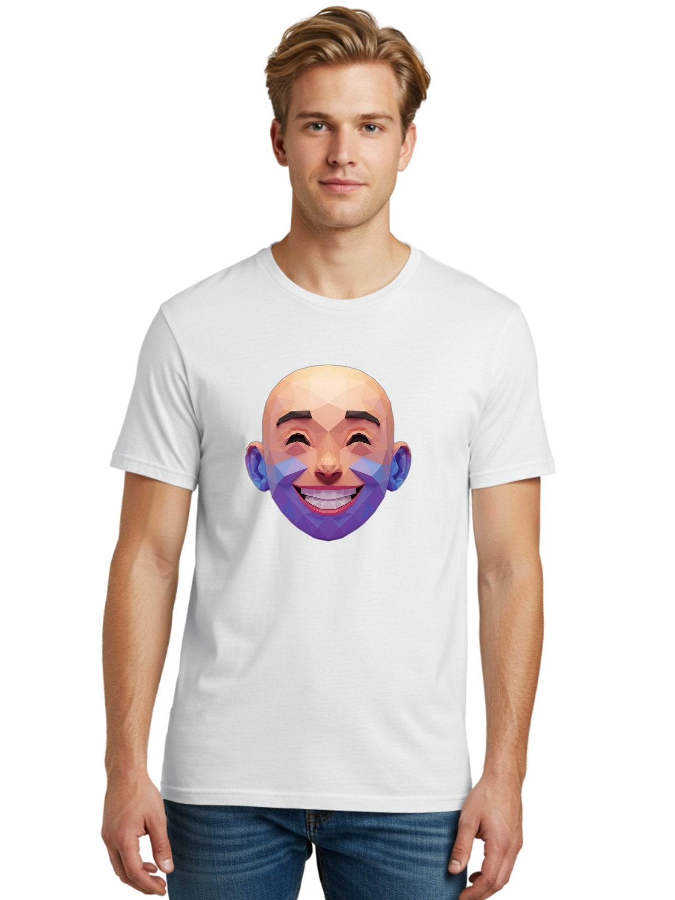 Low-Poly-Face Men'S Graphic Tee, 100% Cotton, Comfortable Casual Summer Wear, Machine Washable, Low Poly Art, 3D Model, Smiling Face, Bald Man, Purple Beard, Happy Expression, Geometric Shapes, Cartoon Style, Digital Art, Modern Design Bae487 19