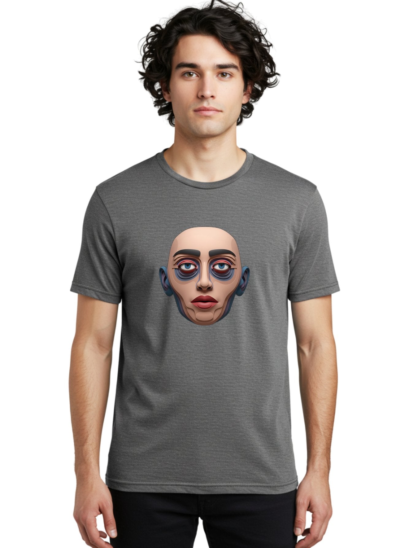 Melting-Face Men'S Graphic Tee, 100% Cotton, Comfortable Casual Summer Wear, Machine Washable, Expressive Face, Surprised Look, Wide-Eyed Expression, Bold Eyebrows, Digital Art, Futuristic Character, Cartoon Style, Emotive Illustration, Bae493 25