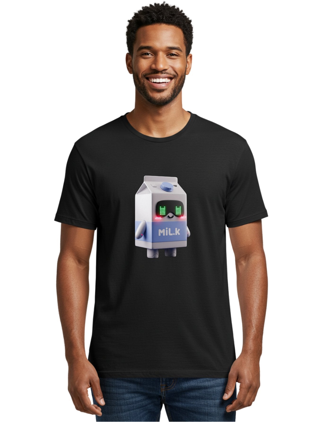 Mil-K-Milk-Carton-Robot Men'S Graphic Tee, 100% Cotton, Comfortable Casual Summer Wear, Machine Washable, Cartoon Milk Carton, Robotic Character, Digital Illustration, Futuristic Design, Glowing Eyes, Led Lights, Cute Mascot, Dairy Product, Bae495 30