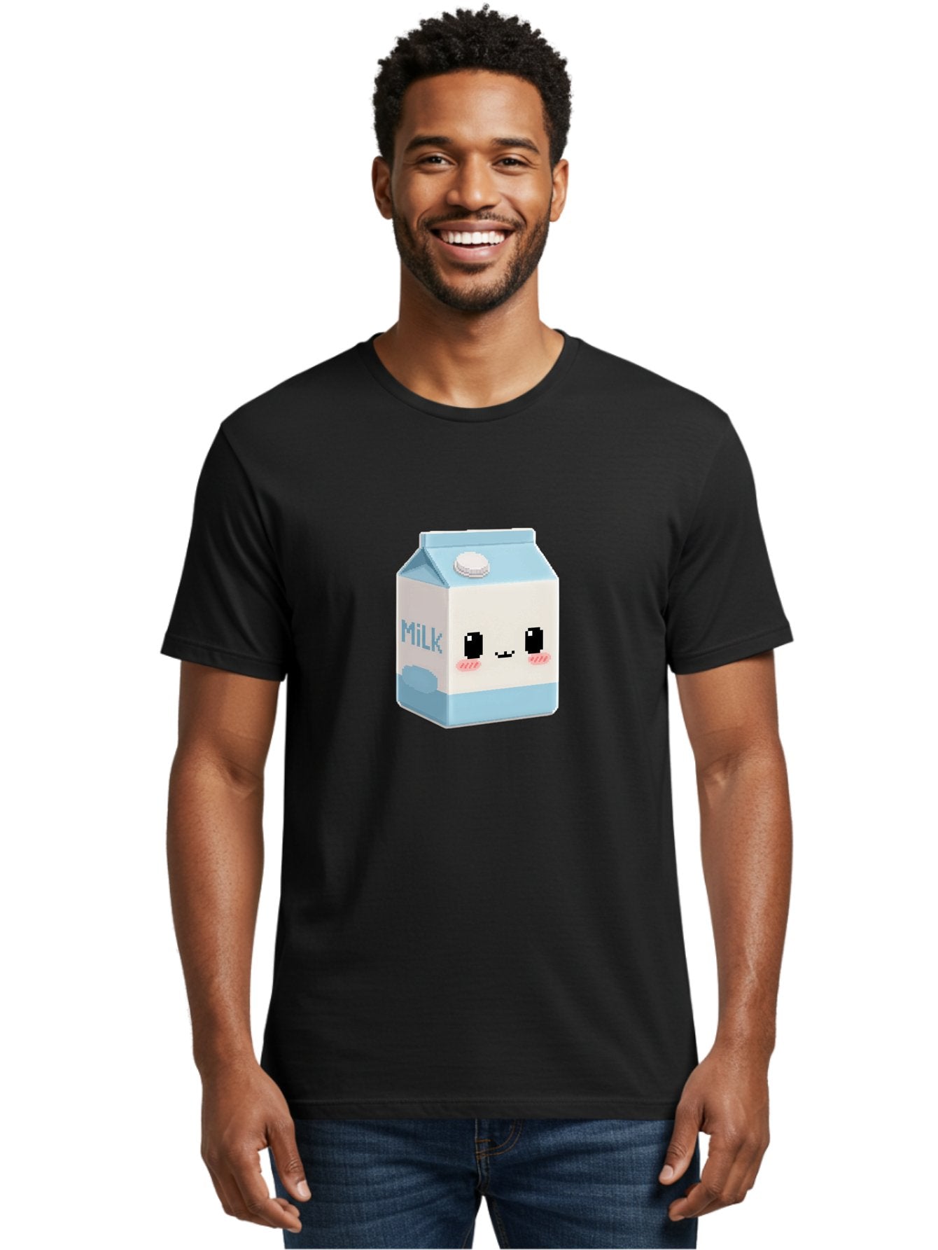 Milk-3 Men'S Graphic Tee, 100% Cotton, Comfortable Casual Summer Wear, Machine Washable, Cartoon Milk Carton, Cute Character Design, Pixel Art Style, Adorable Face, Kawaii Culture, Milk Beverage, Dairy Product, 8-Bit Aesthetic, Bae498 25