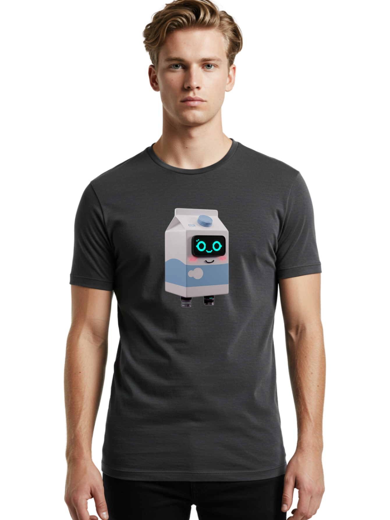 Milk-Carton-Robot Men'S Graphic Tee, 100% Cotton, Comfortable Casual Summer Wear, Machine Washable, Cartoon Milk Carton, Robot Character, Glowing Blue Eyes, Smiling Face, Cute Design, Childrens Illustration, 3D Rendering, Fun And Playful, Bae502 17