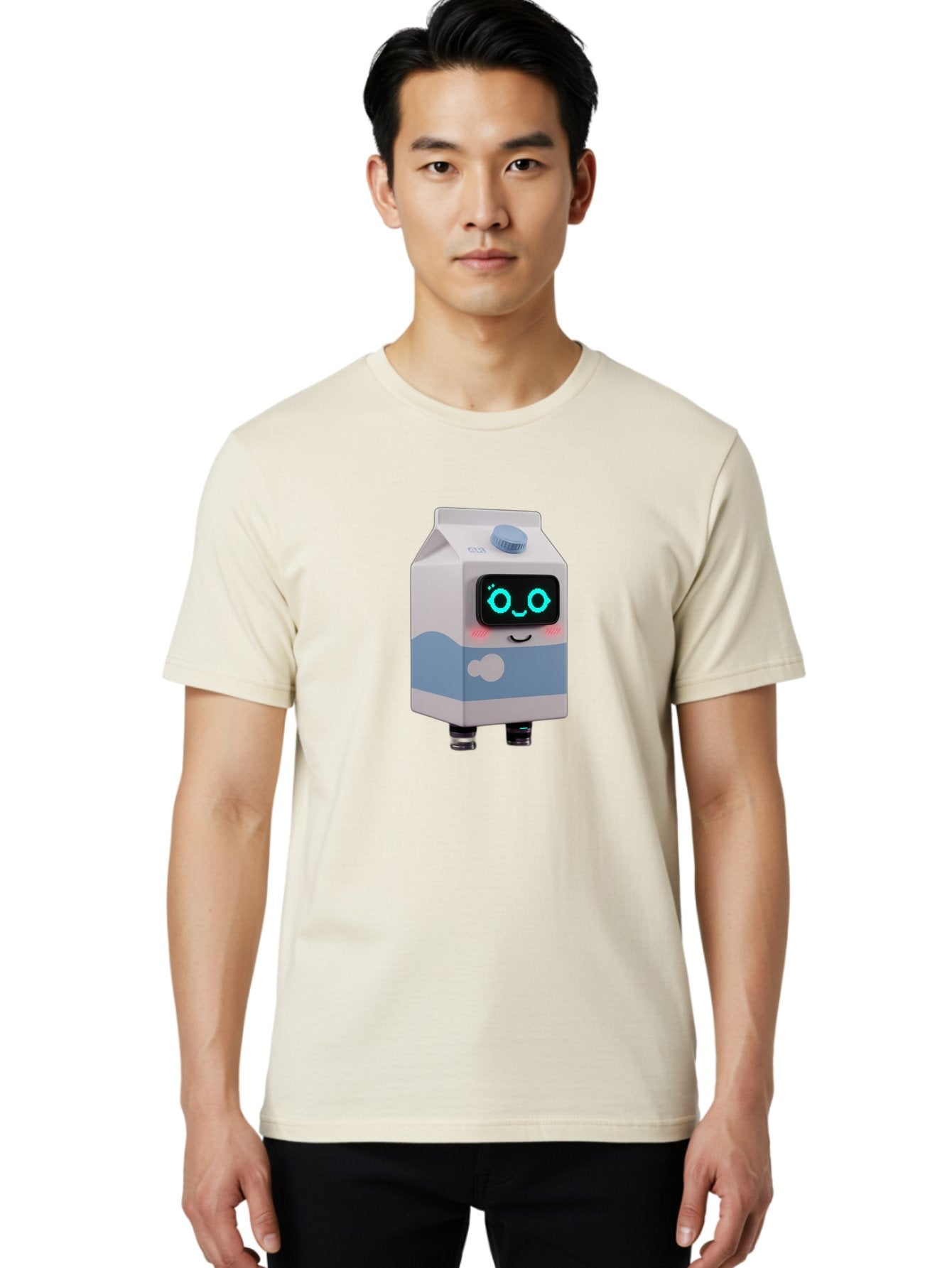 Milk-Carton-Robot Men'S Graphic Tee, 100% Cotton, Comfortable Casual Summer Wear, Machine Washable, Cartoon Milk Carton, Robot Character, Glowing Blue Eyes, Smiling Face, Cute Design, Childrens Illustration, 3D Rendering, Fun And Playful, Bae502 27