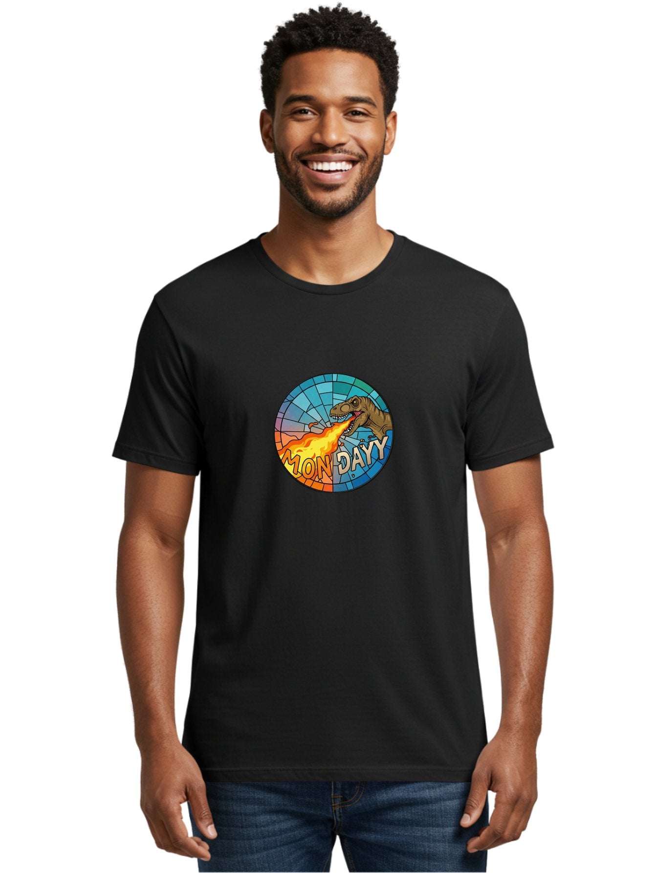 Mon-Dayy Men'S Graphic Tee, 100% Cotton, Comfortable Casual Summer Wear, Machine Washable, Cartoon T-Rex, Stained Glass Art, Fire-Breathing Dinosaur, Monday Motivation, Humorous Graphic, Bold Font, Dinosaur Artwork, Funny T-Rex Bae506 17