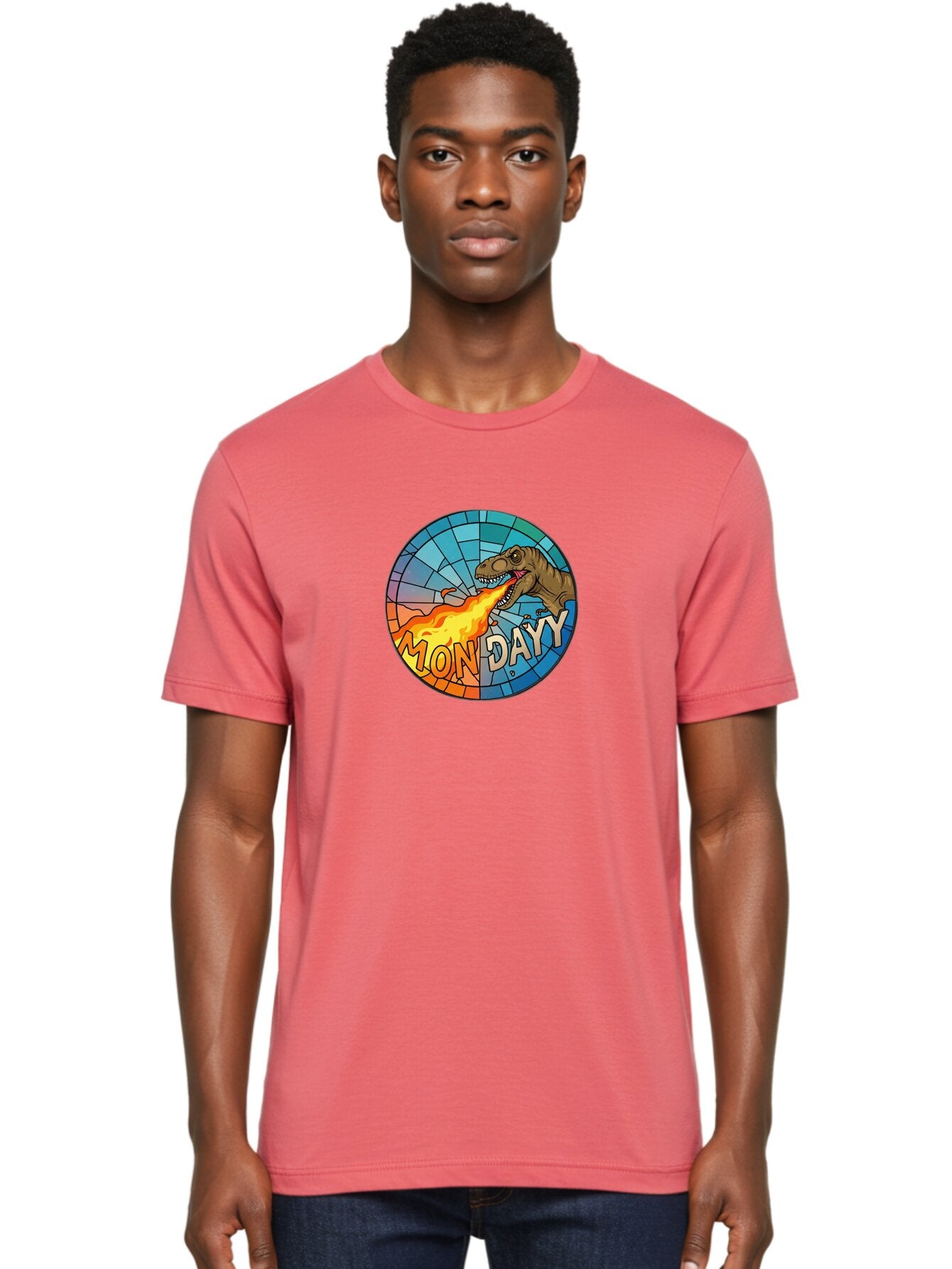 Mon-Dayy Men'S Graphic Tee, 100% Cotton, Comfortable Casual Summer Wear, Machine Washable, Cartoon T-Rex, Stained Glass Art, Fire-Breathing Dinosaur, Monday Motivation, Humorous Graphic, Bold Font, Dinosaur Artwork, Funny T-Rex Bae506 23