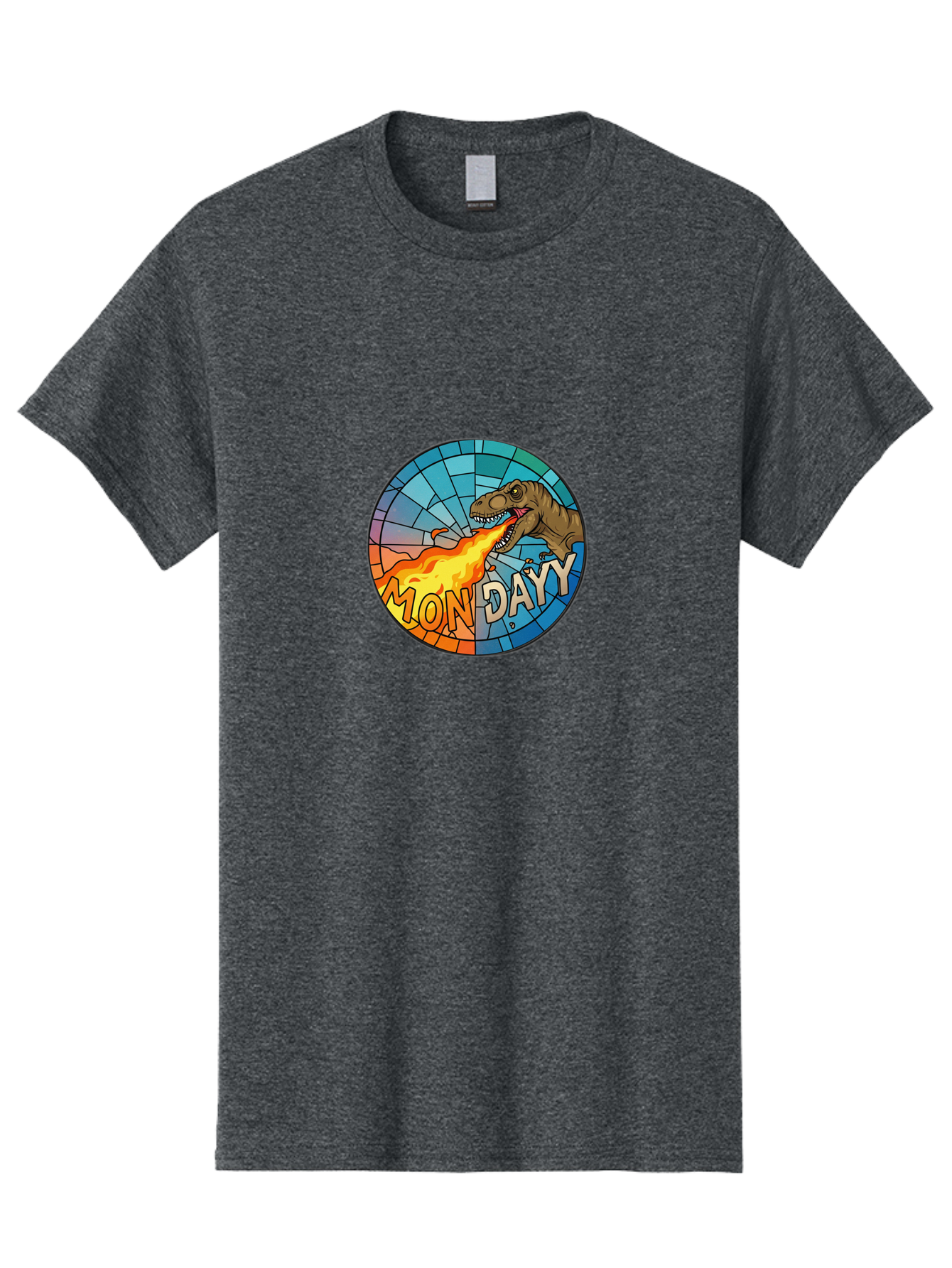 Mon-Dayy Men'S Graphic Tee, 100% Cotton, Comfortable Casual Summer Wear, Machine Washable, Cartoon T-Rex, Stained Glass Art, Fire-Breathing Dinosaur, Monday Motivation, Humorous Graphic, Bold Font, Dinosaur Artwork, Funny T-Rex Bae506