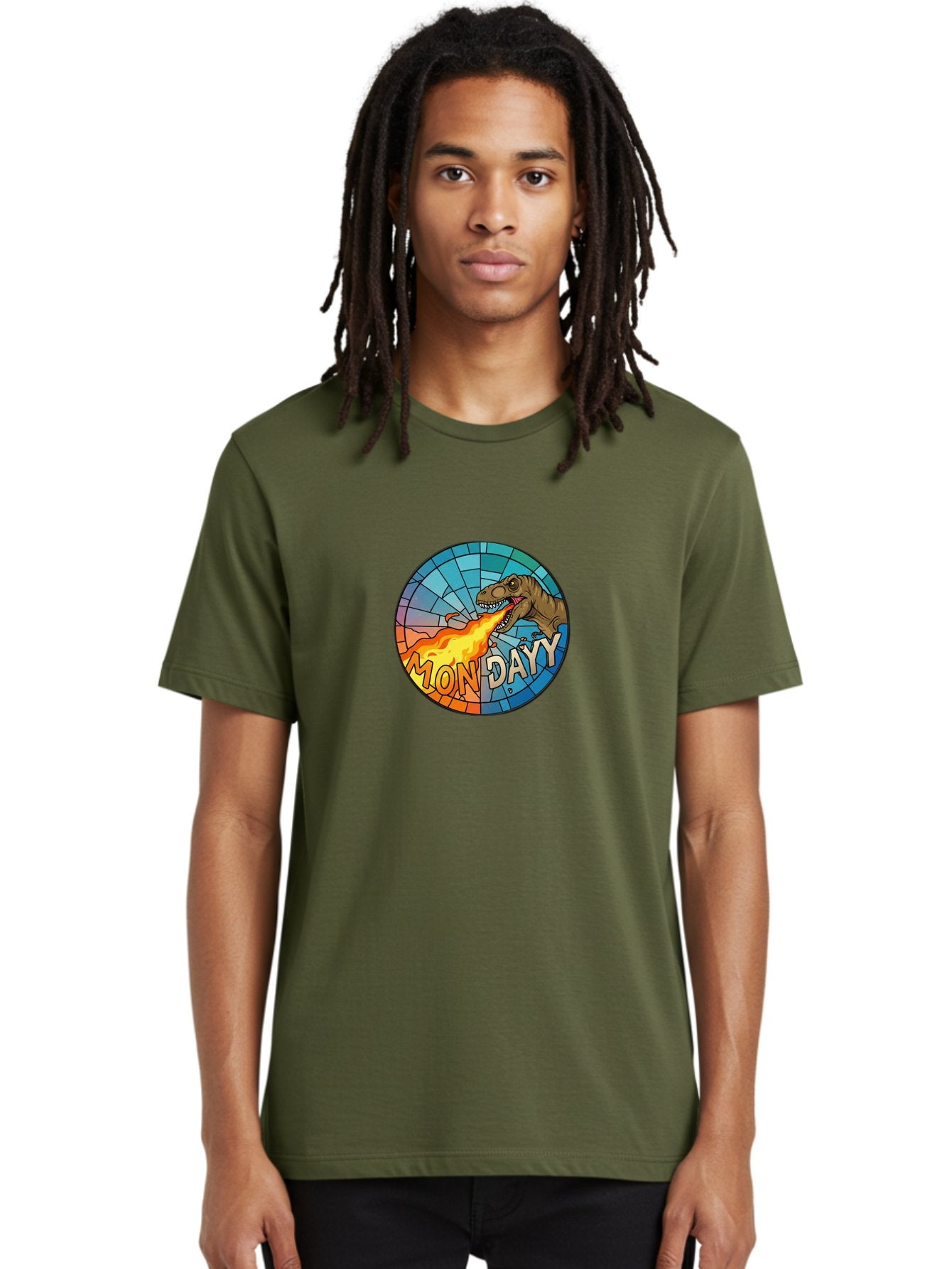 Mon-Dayy Men'S Graphic Tee, 100% Cotton, Comfortable Casual Summer Wear, Machine Washable, Cartoon T-Rex, Stained Glass Art, Fire-Breathing Dinosaur, Monday Motivation, Humorous Graphic, Bold Font, Dinosaur Artwork, Funny T-Rex Bae506 26