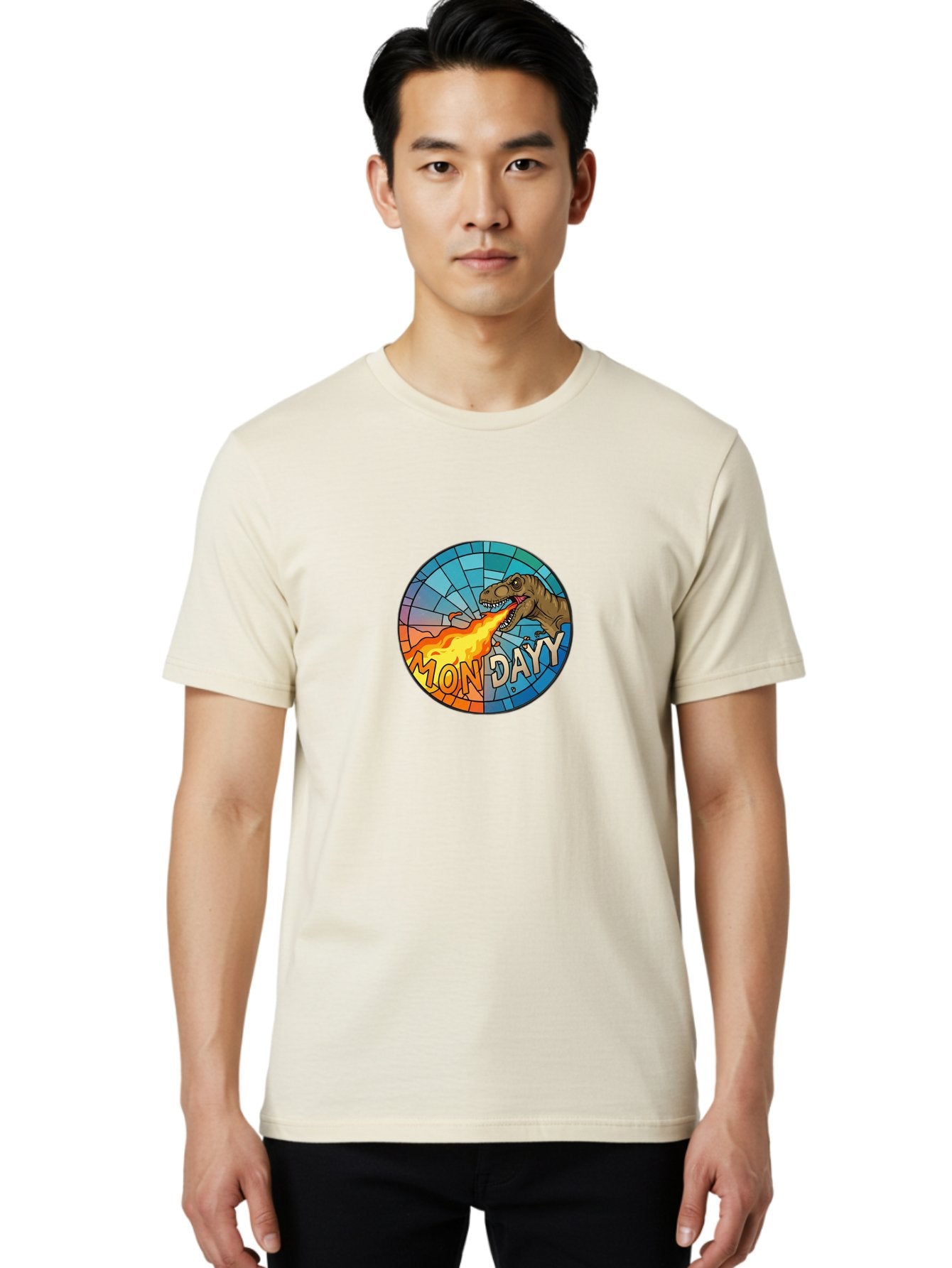 Mon-Dayy Men'S Graphic Tee, 100% Cotton, Comfortable Casual Summer Wear, Machine Washable, Cartoon T-Rex, Stained Glass Art, Fire-Breathing Dinosaur, Monday Motivation, Humorous Graphic, Bold Font, Dinosaur Artwork, Funny T-Rex Bae506 16