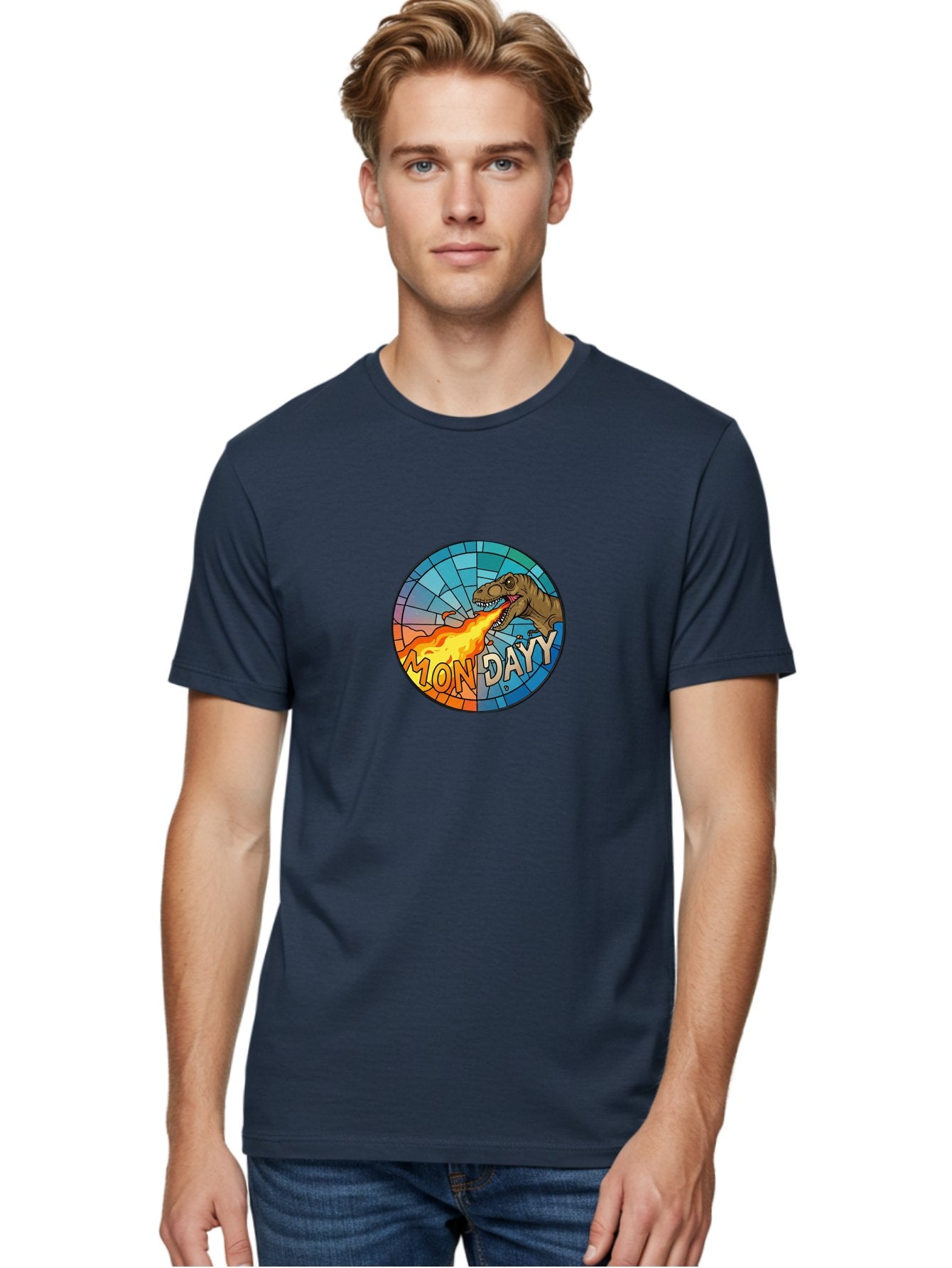 Mon-Dayy Men'S Graphic Tee, 100% Cotton, Comfortable Casual Summer Wear, Machine Washable, Cartoon T-Rex, Stained Glass Art, Fire-Breathing Dinosaur, Monday Motivation, Humorous Graphic, Bold Font, Dinosaur Artwork, Funny T-Rex Bae506 21