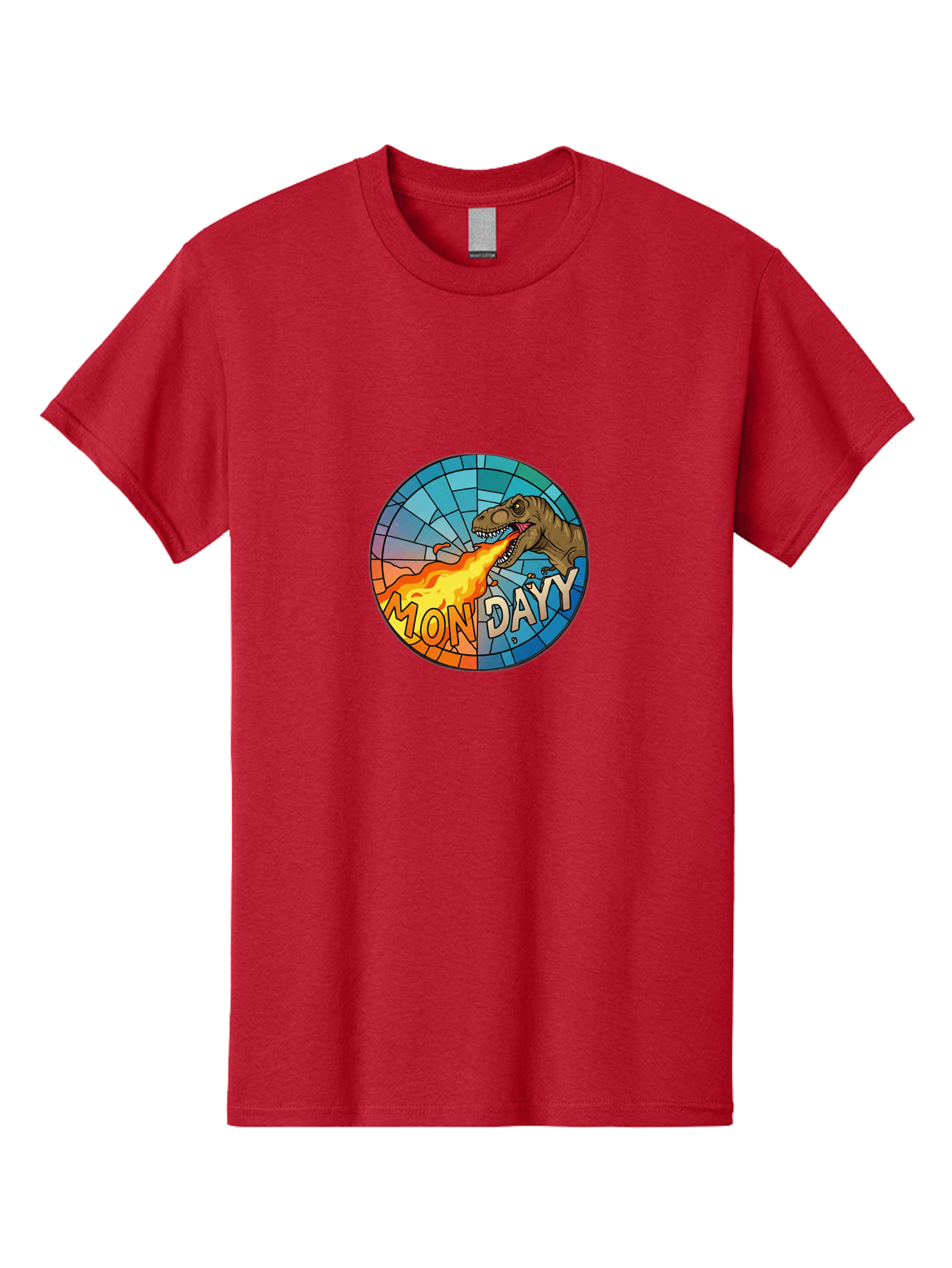 Mon-Dayy Men'S Graphic Tee, 100% Cotton, Comfortable Casual Summer Wear, Machine Washable, Cartoon T-Rex, Stained Glass Art, Fire-Breathing Dinosaur, Monday Motivation, Humorous Graphic, Bold Font, Dinosaur Artwork, Funny T-Rex Bae506
