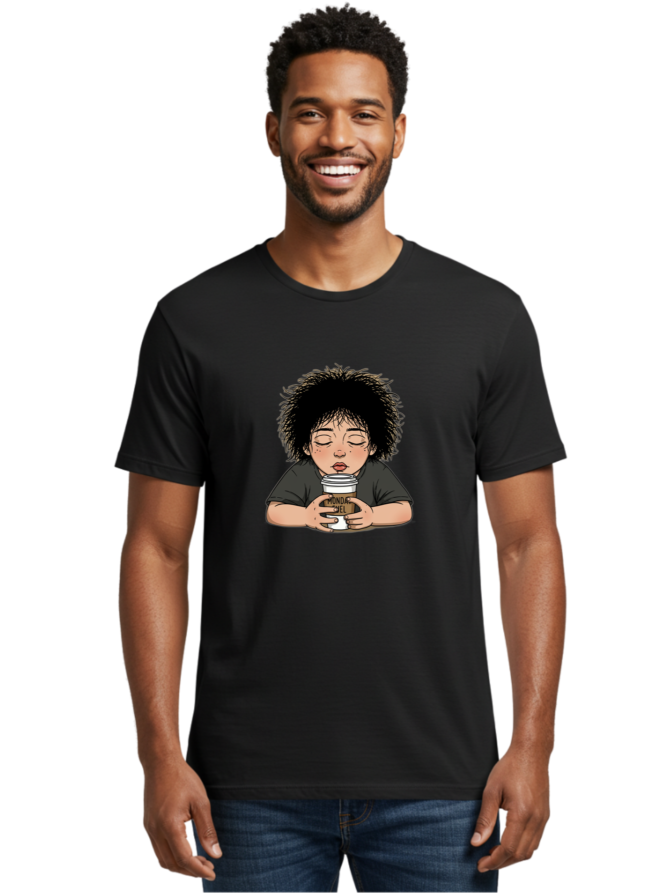 Monda-Ciel-Coffee Men'S Graphic Tee, 100% Cotton, Comfortable Casual Summer Wear, Machine Washable, Cartoon Child Drinking Coffee, Monda Jiel Coffee Cup, Relaxed Atmosphere, Coffee Culture, Morning Ritual, Coffee Lover, Black Coffee Bae507 21