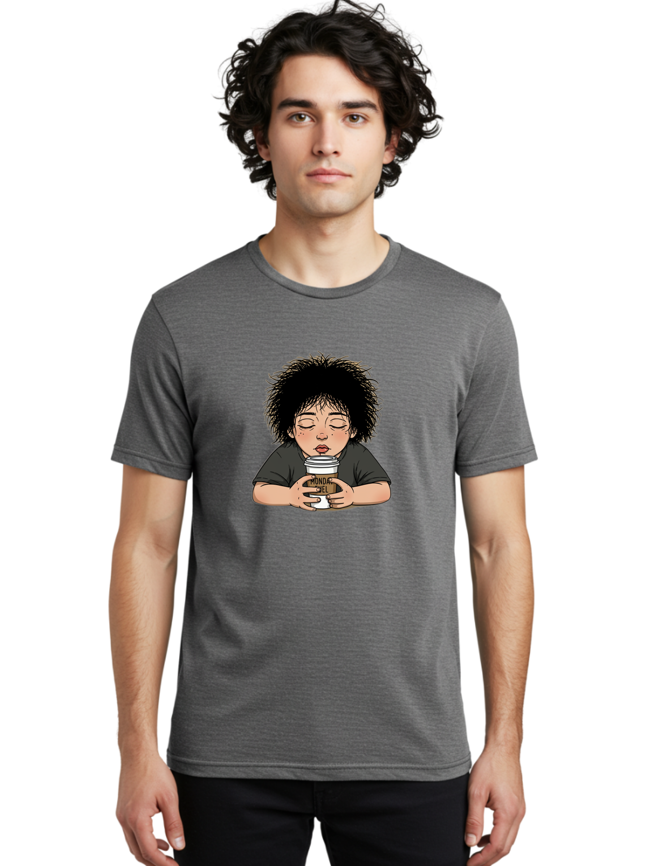 Monda-Ciel-Coffee Men'S Graphic Tee, 100% Cotton, Comfortable Casual Summer Wear, Machine Washable, Cartoon Child Drinking Coffee, Monda Jiel Coffee Cup, Relaxed Atmosphere, Coffee Culture, Morning Ritual, Coffee Lover, Black Coffee Bae507 20