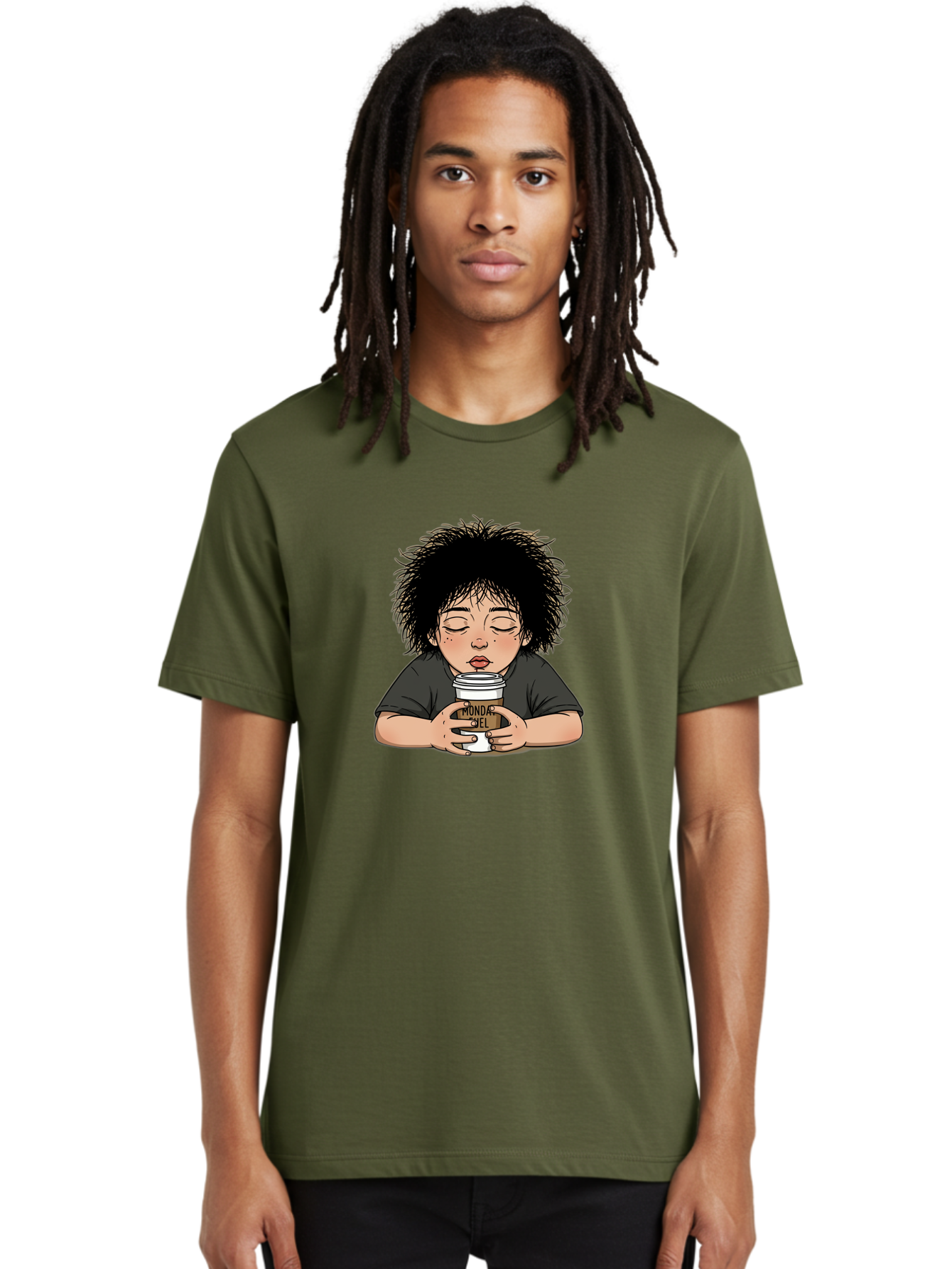 Monda-Ciel-Coffee Men'S Graphic Tee, 100% Cotton, Comfortable Casual Summer Wear, Machine Washable, Cartoon Child Drinking Coffee, Monda Jiel Coffee Cup, Relaxed Atmosphere, Coffee Culture, Morning Ritual, Coffee Lover, Black Coffee Bae507 17