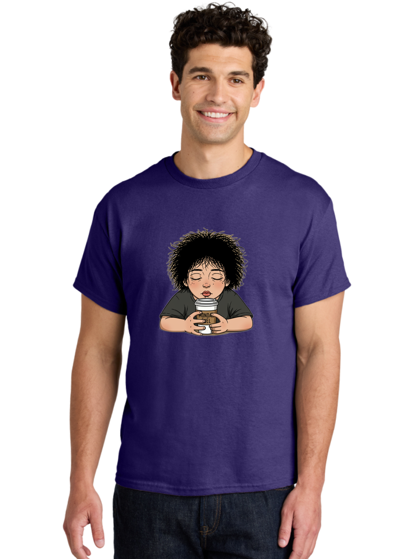 Monda-Ciel-Coffee Men'S Graphic Tee, 100% Cotton, Comfortable Casual Summer Wear, Machine Washable, Cartoon Child Drinking Coffee, Monda Jiel Coffee Cup, Relaxed Atmosphere, Coffee Culture, Morning Ritual, Coffee Lover, Black Coffee Bae507 22
