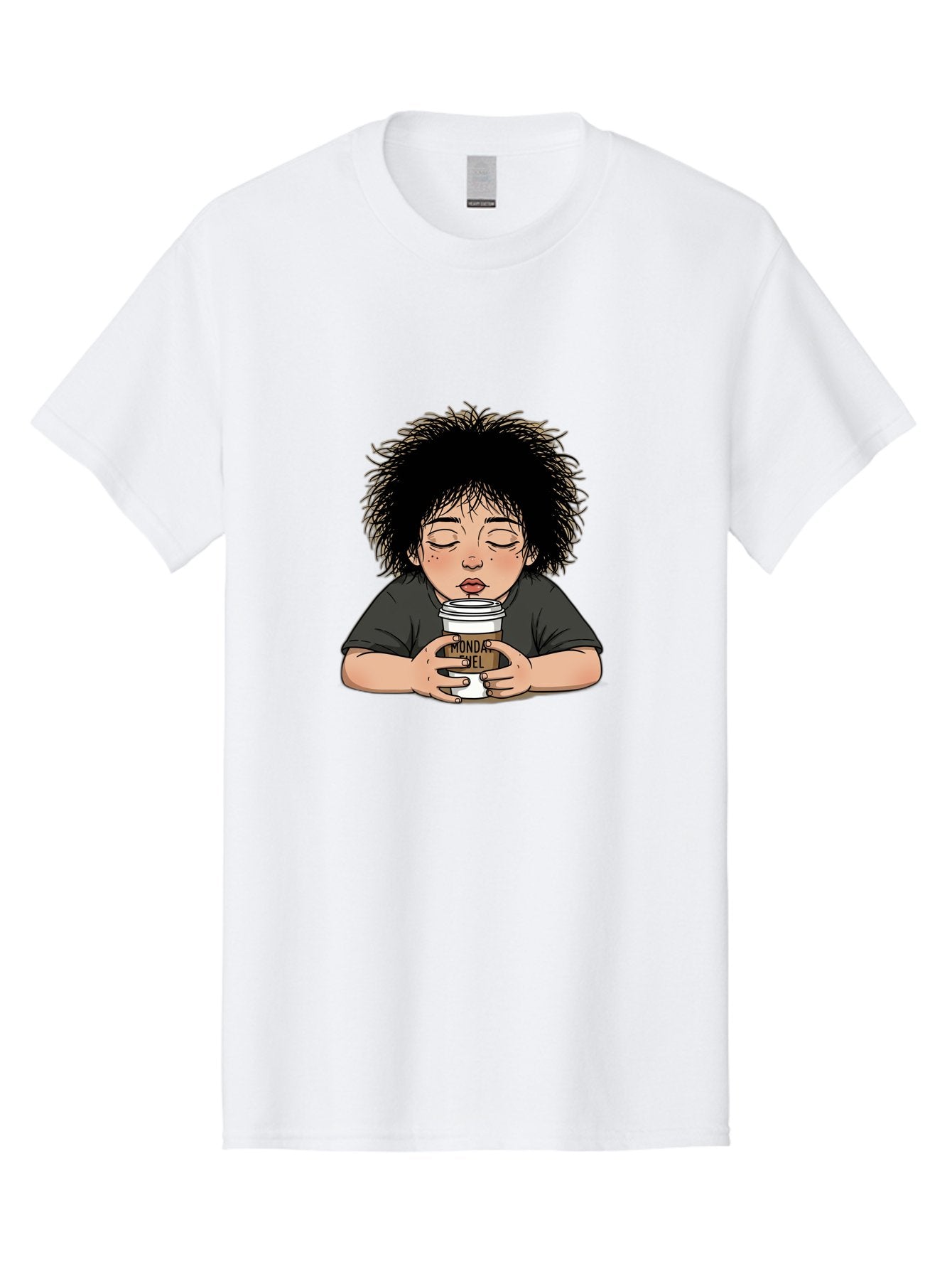 Monda-Ciel-Coffee Men'S Graphic Tee, 100% Cotton, Comfortable Casual Summer Wear, Machine Washable, Cartoon Child Drinking Coffee, Monda Jiel Coffee Cup, Relaxed Atmosphere, Coffee Culture, Morning Ritual, Coffee Lover, Black Coffee Bae507
