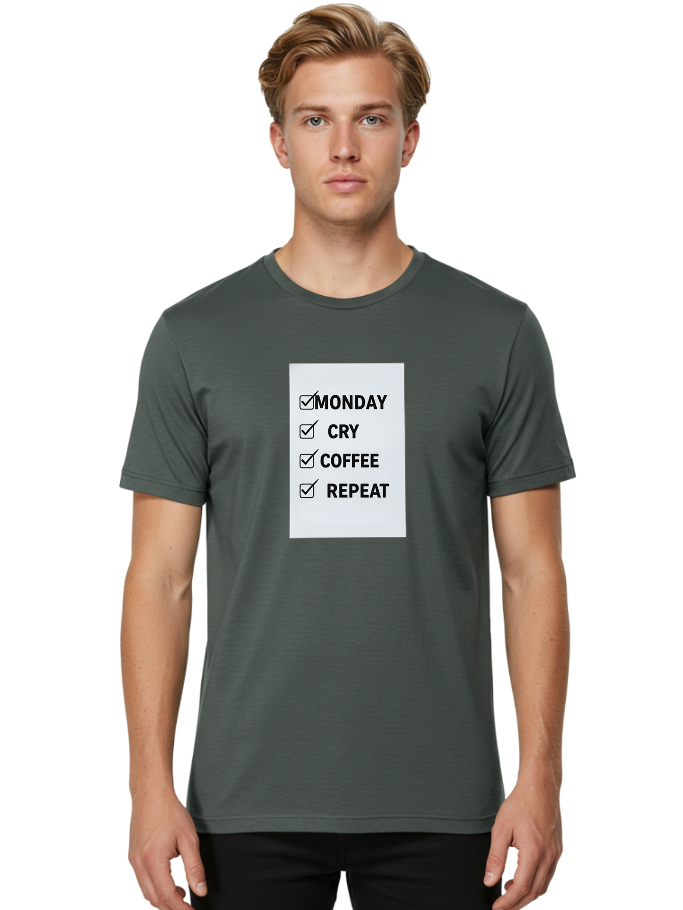 Monday-Cry-Coffee-Repeat-1 Men'S Graphic Tee, 100% Cotton, Comfortable Casual Summer Wear, Machine Washable, Monday Motivation, Funny To-Do List, Coffee Humor, Monday Blues, Office Humor, Work Life Balance, Morning Routine, Coffee Break Bae514 19