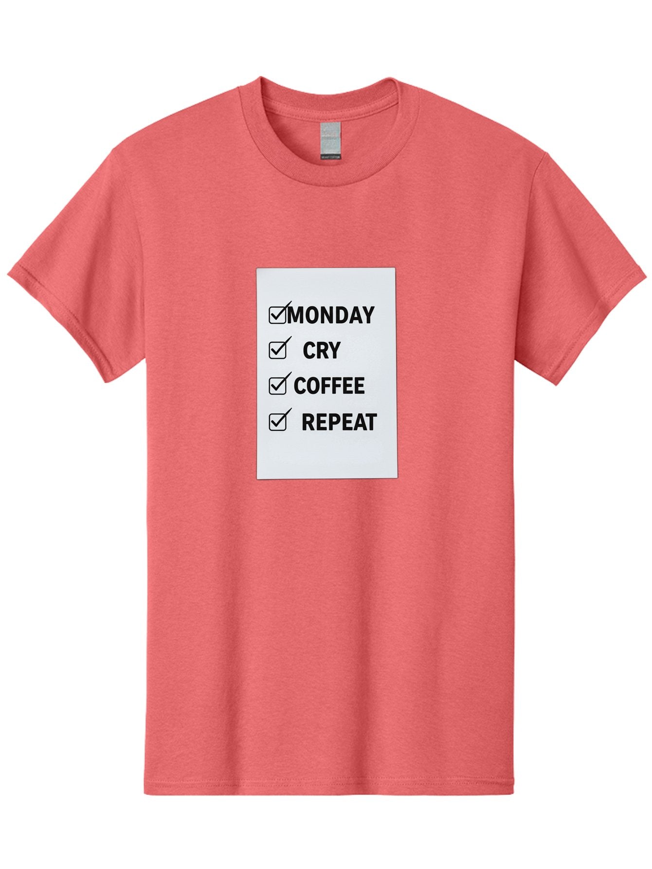 Monday-Cry-Coffee-Repeat-1 Men'S Graphic Tee, 100% Cotton, Comfortable Casual Summer Wear, Machine Washable, Monday Motivation, Funny To-Do List, Coffee Humor, Monday Blues, Office Humor, Work Life Balance, Morning Routine, Coffee Break Bae514
