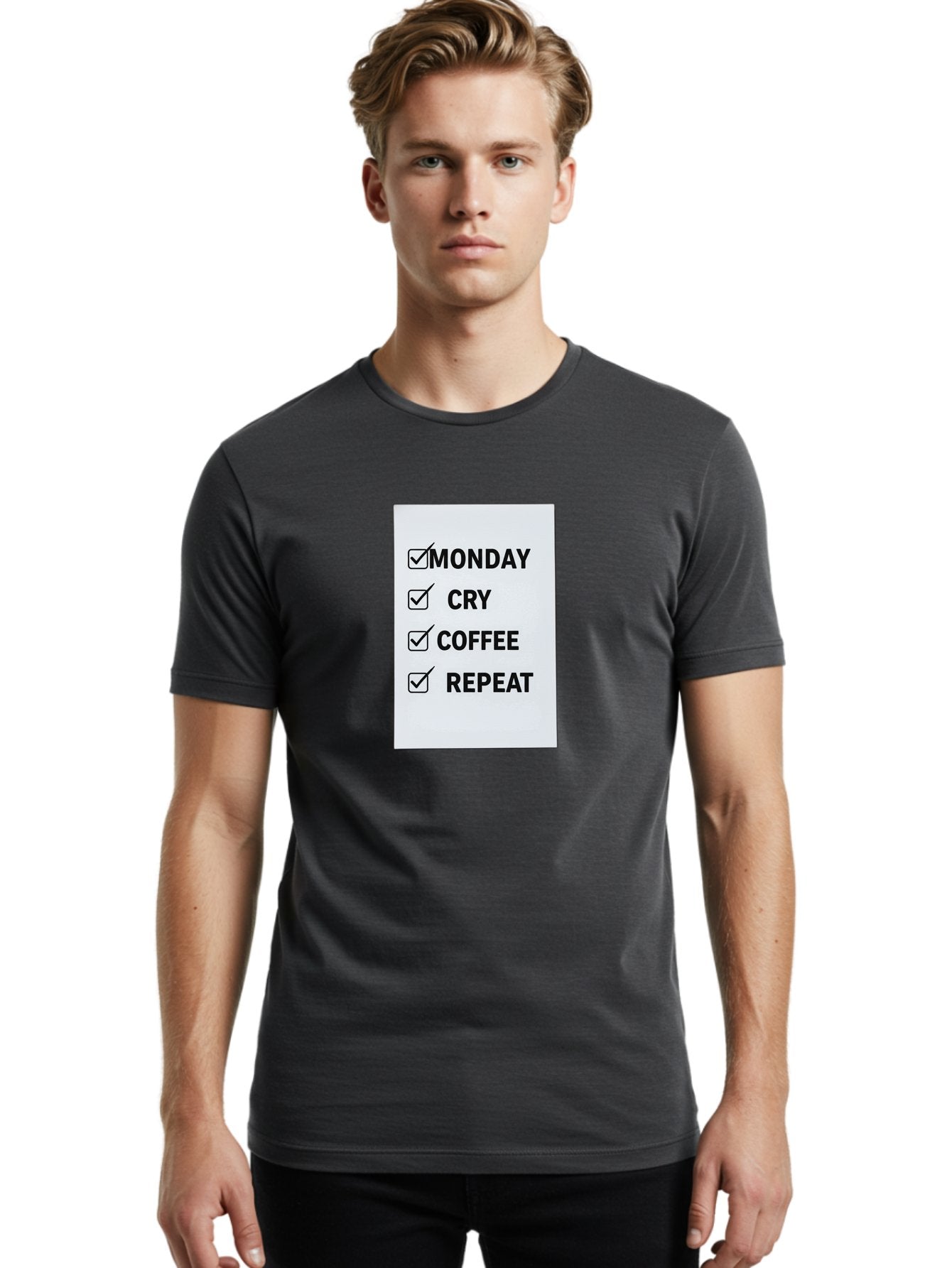 Monday-Cry-Coffee-Repeat-1 Men'S Graphic Tee, 100% Cotton, Comfortable Casual Summer Wear, Machine Washable, Monday Motivation, Funny To-Do List, Coffee Humor, Monday Blues, Office Humor, Work Life Balance, Morning Routine, Coffee Break Bae514 17